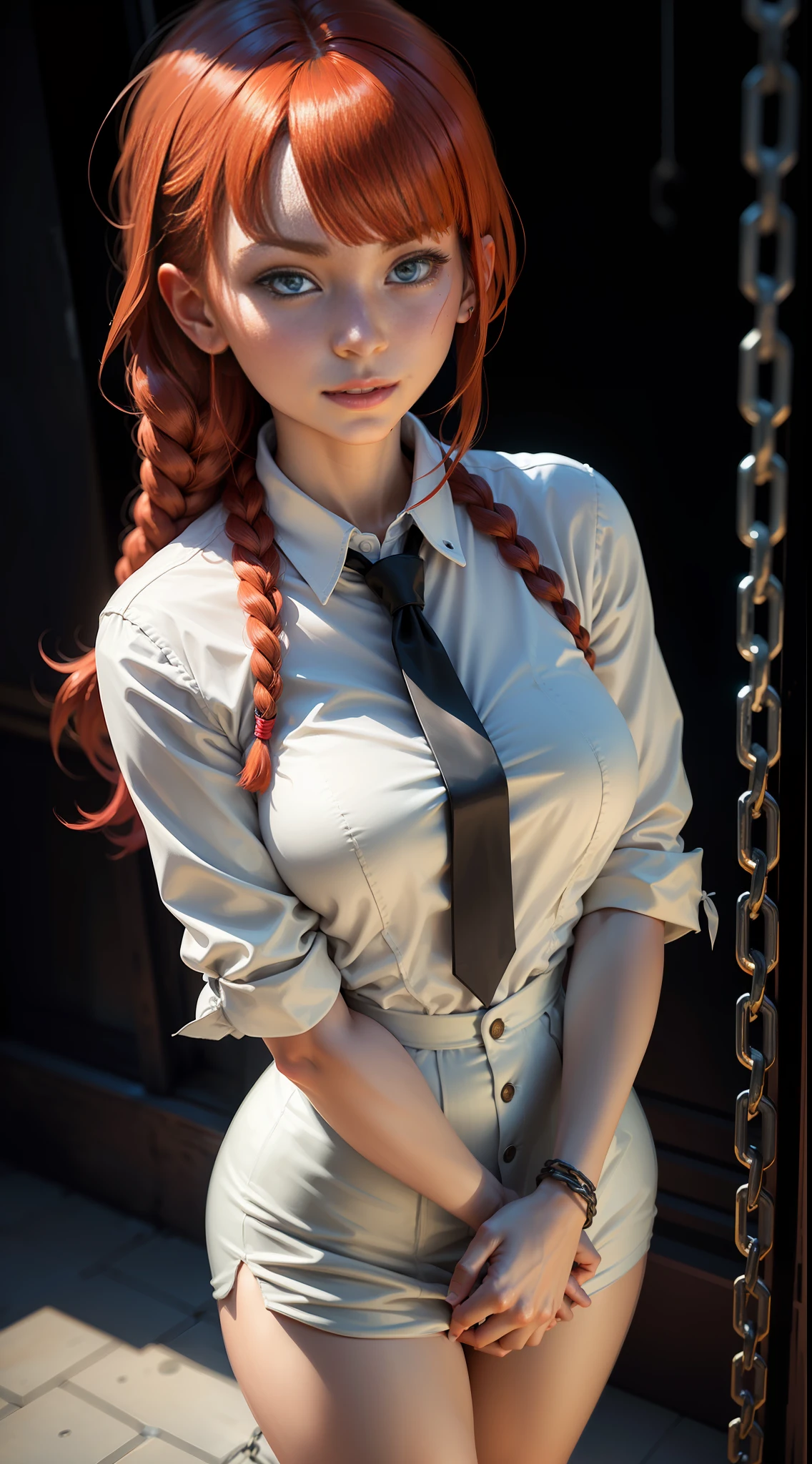 Makima with Akira wing face\ (chainsaw man\), best quality, ultra detailed, 1girl, solo, standing, red hair, long braided hair, golden eyes, bangs, medium breasts, white shirt, tie, look, smile, (bad: 1.2), looking at the viewer, (interview: 1.3), (dark background, chains: 1.3), from above, sharp contrast, beautiful detailed eyes, focus, close up shot