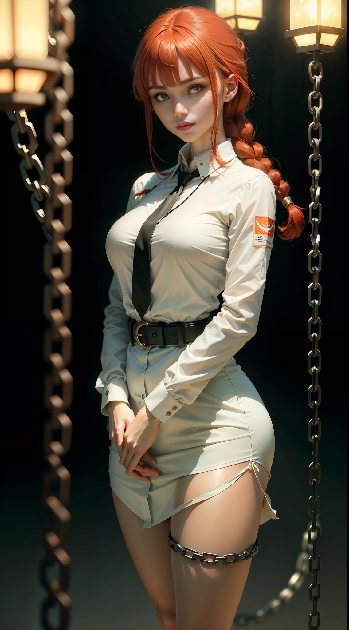 Makima with Akira wing face\ (chainsaw man\), best quality, ultra detailed, 1girl, solo, standing, red hair, long braided hair, golden eyes, bangs, medium breasts, white shirt, tie, look, smile, (bad: 1.2), looking at the viewer, (interview: 1.3), (dark background, chains: 1.3), from above, sharp contrast, beautiful detailed eyes, focus, close up shot