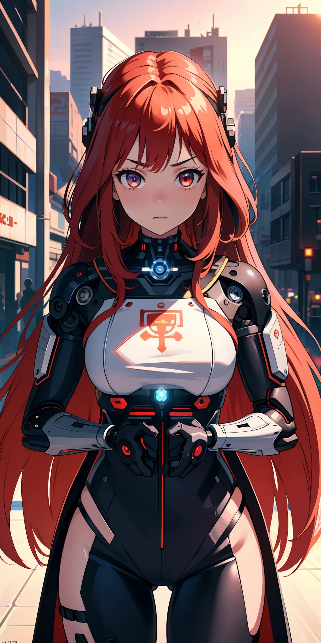 (extremely detailed CG unity 8k wallpaper), (finely detailed beautiful eyes: 1.2), (1 girl), (cyborg:1.3), (long crimson hair:1.2), embarrassed, (anime:1.2), Futurism, depth of field, (masterpiece:1.2), (best quality), 4K, high details