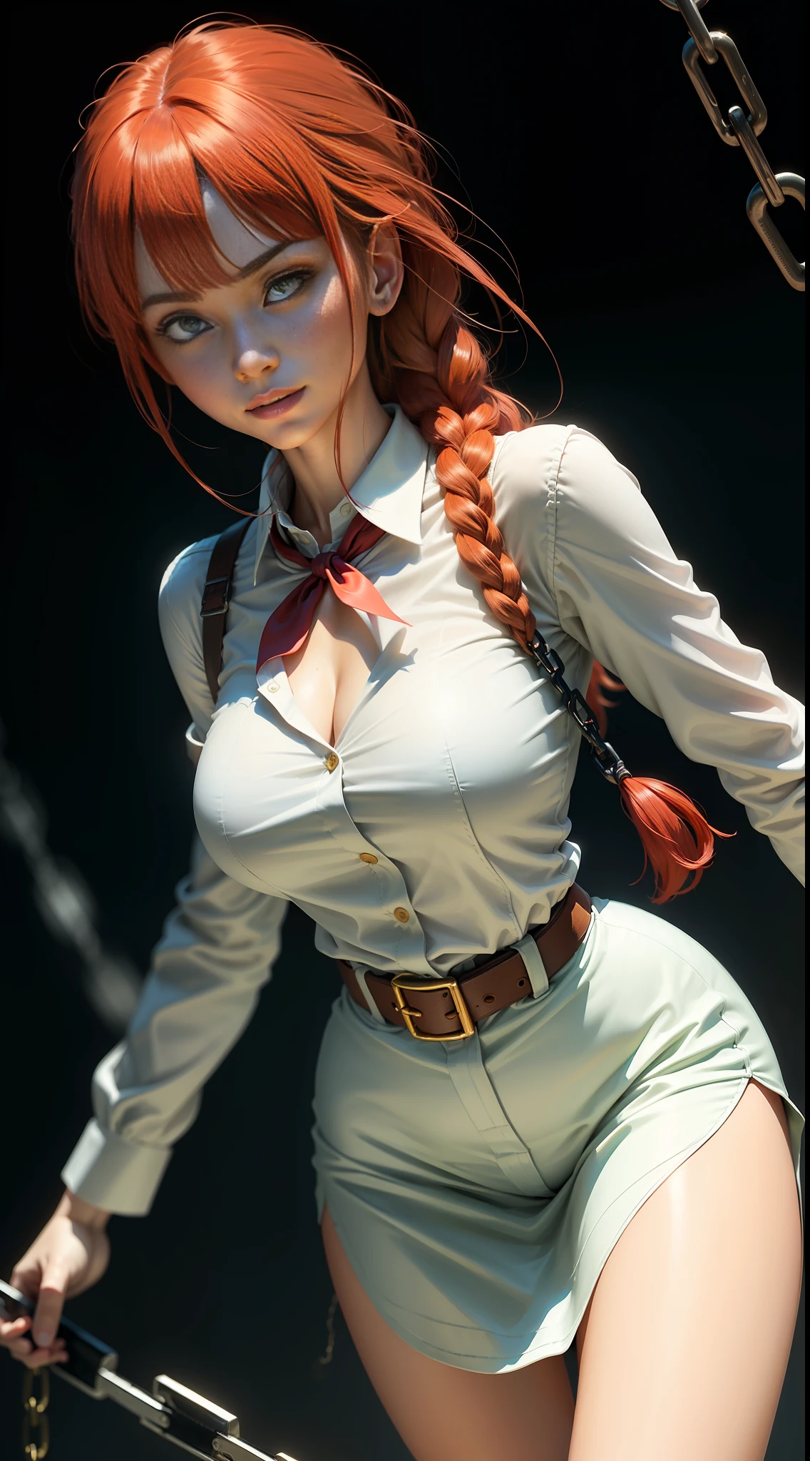 Makima with Akira wing face\ (chainsaw man\), best quality, ultra detailed, 1girl, solo, standing, red hair, long braided hair, golden eyes, bangs, medium breasts, white shirt, tie, look, smile, (bad: 1.2), looking at the viewer, (interview: 1.3), (dark background, chains: 1.3), from above, sharp contrast, beautiful detailed eyes, focus, close up shot
