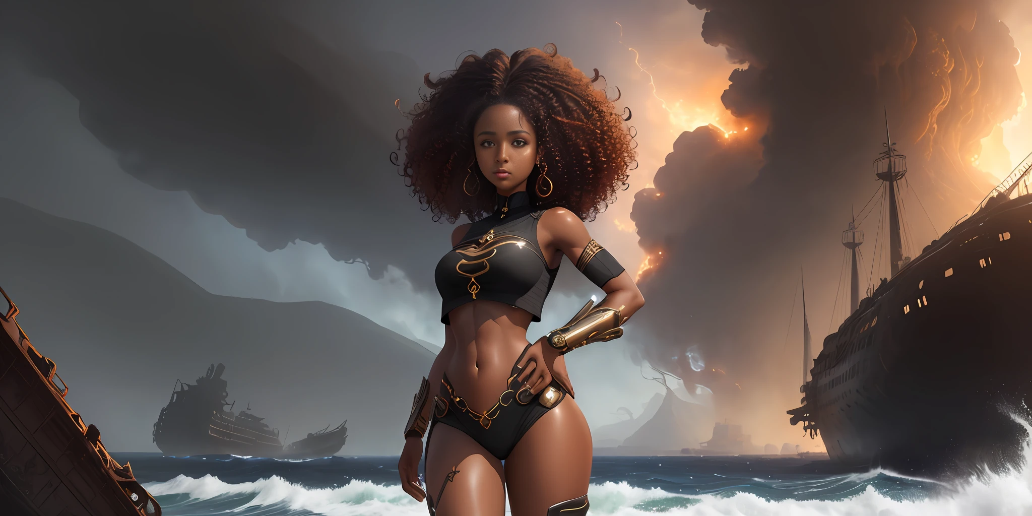 (curly hair), sci-fi fantasy, ((wearing a top, African girl)), flawless face, radiant brown eyes, ((curly hair)), dynamic and natural combat pose, ((black skin, body whole)), scenery of a wrecked ship in flames, ultra detailed digital painting, artstation, 4k resolution, symmetrical, dramatic light