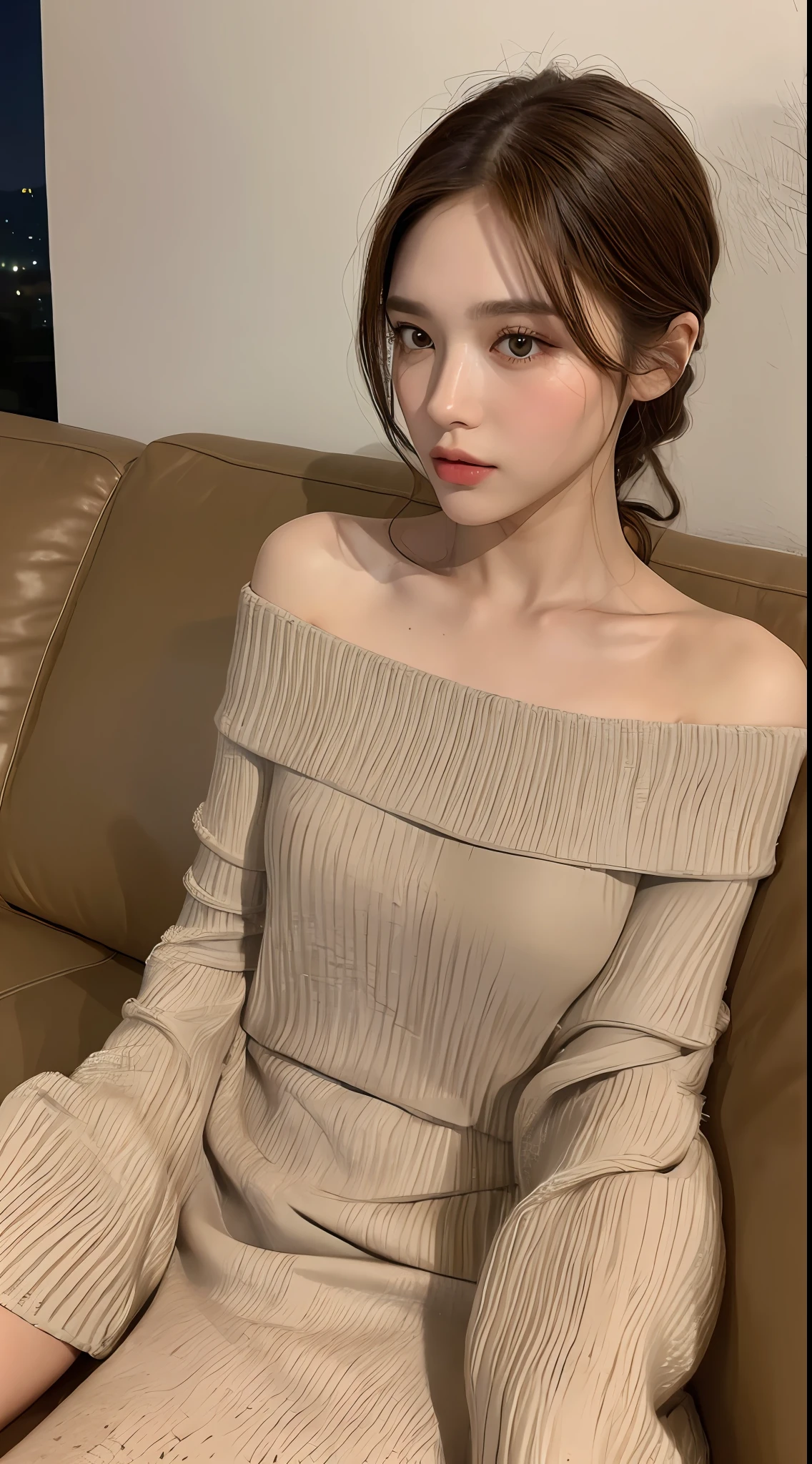 ((Night view, realistic light, best quality, 8k, masterpiece: 1.3)), 1girl, pretty woman with slim figure: 1.4, (brown hair: 1.3), off-the-shoulder cut top: 1.3, sofa, super detailed face, detailed eyes, double eyelids