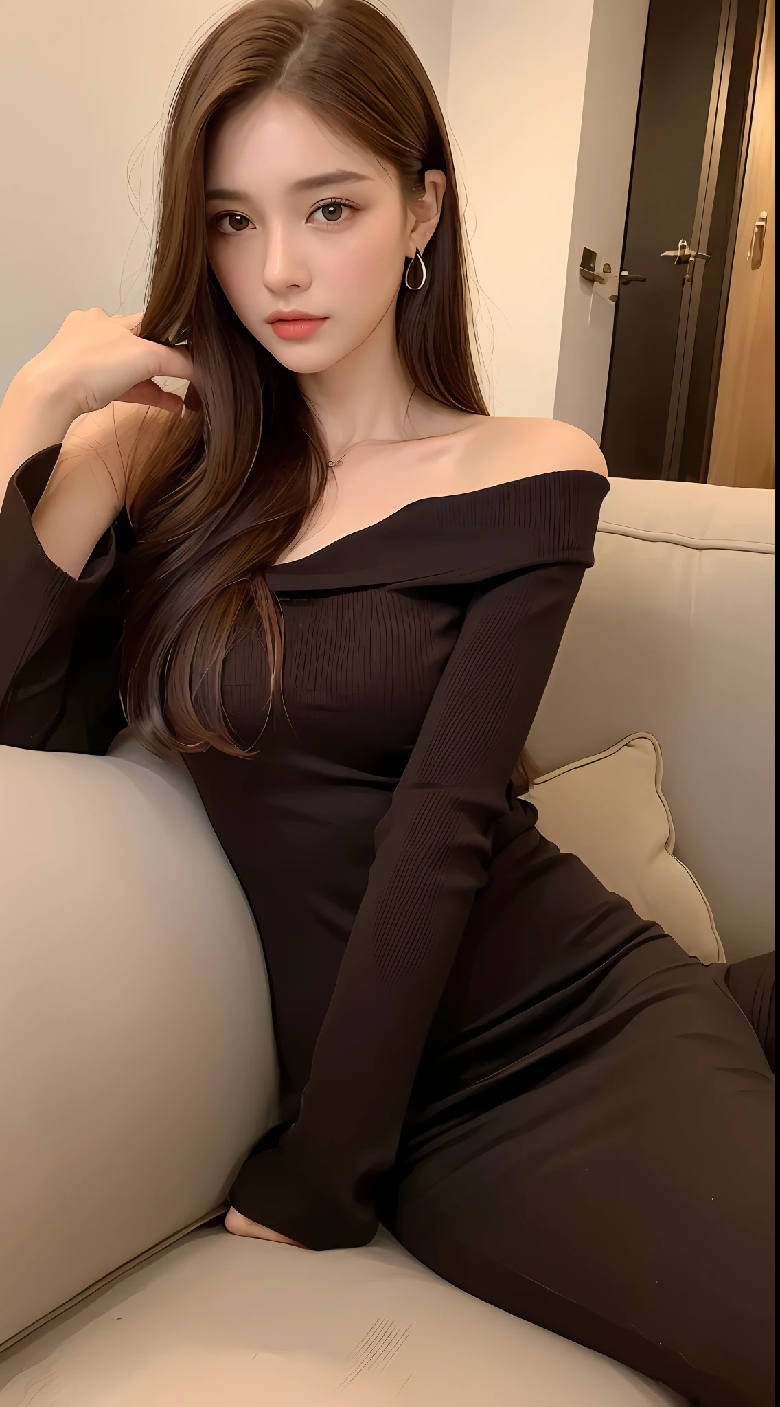 ((Night view, realistic light, best quality, 8k, masterpiece: 1.3)), 1girl, pretty woman with slim figure: 1.4, (brown hair: 1.3), off-the-shoulder cut top: 1.3, sofa, super detailed face, detailed eyes, double eyelids