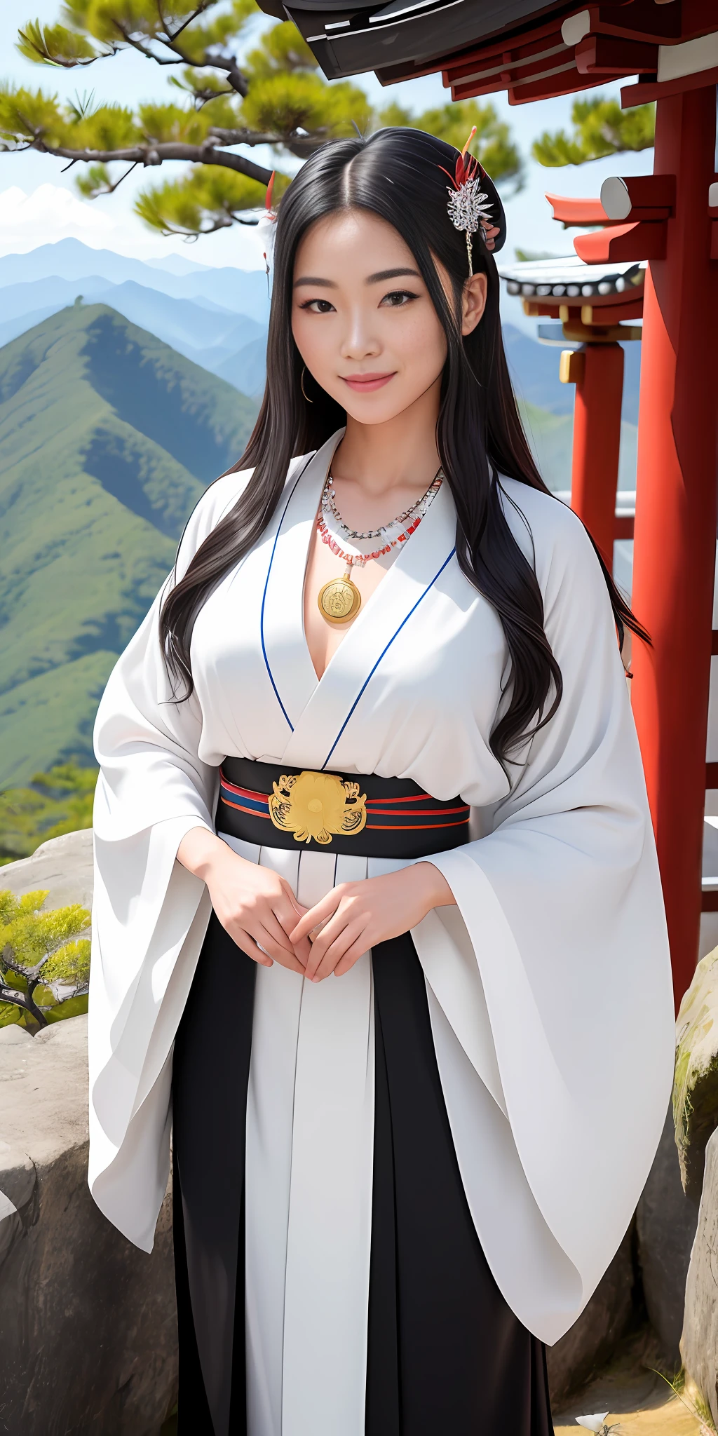 "((high quality image)), perfectly detailed and photorealistic with 8k resolution, fottorealistic, hyperrealistic, depicting a beautiful Shinto priestess (Miko), flowing black hair, fleshy lips smiling. She wears a white priestly kimono and necklaces of protection against evil. She is gracefully standing on the mountaintop of the temple, and butterflies fly around her.