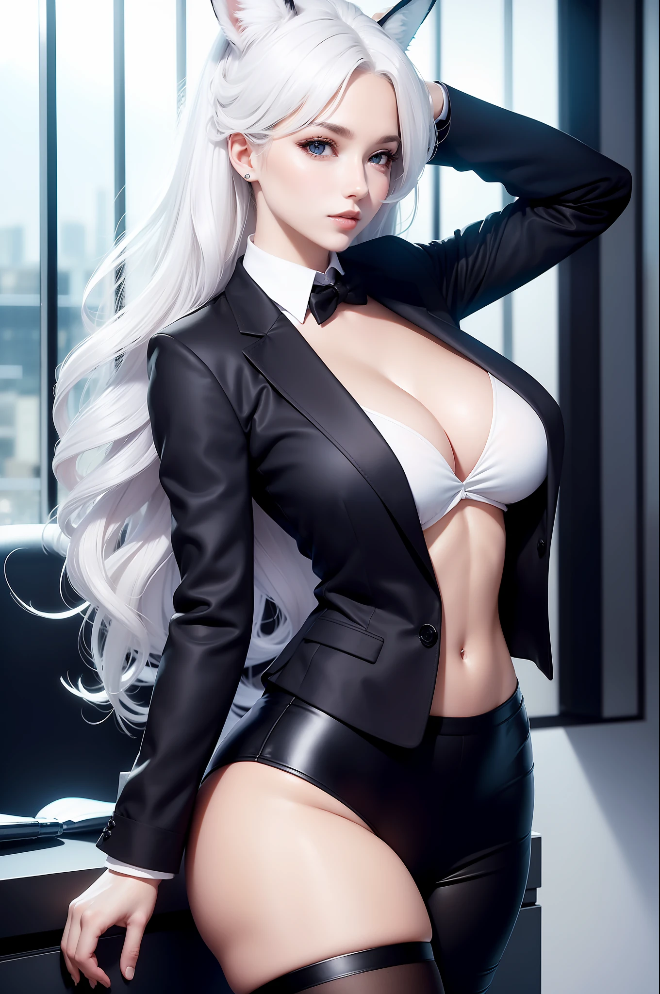 y Woman with ,golden curly hair,Blue eyes,white fox ears,wear black office suit