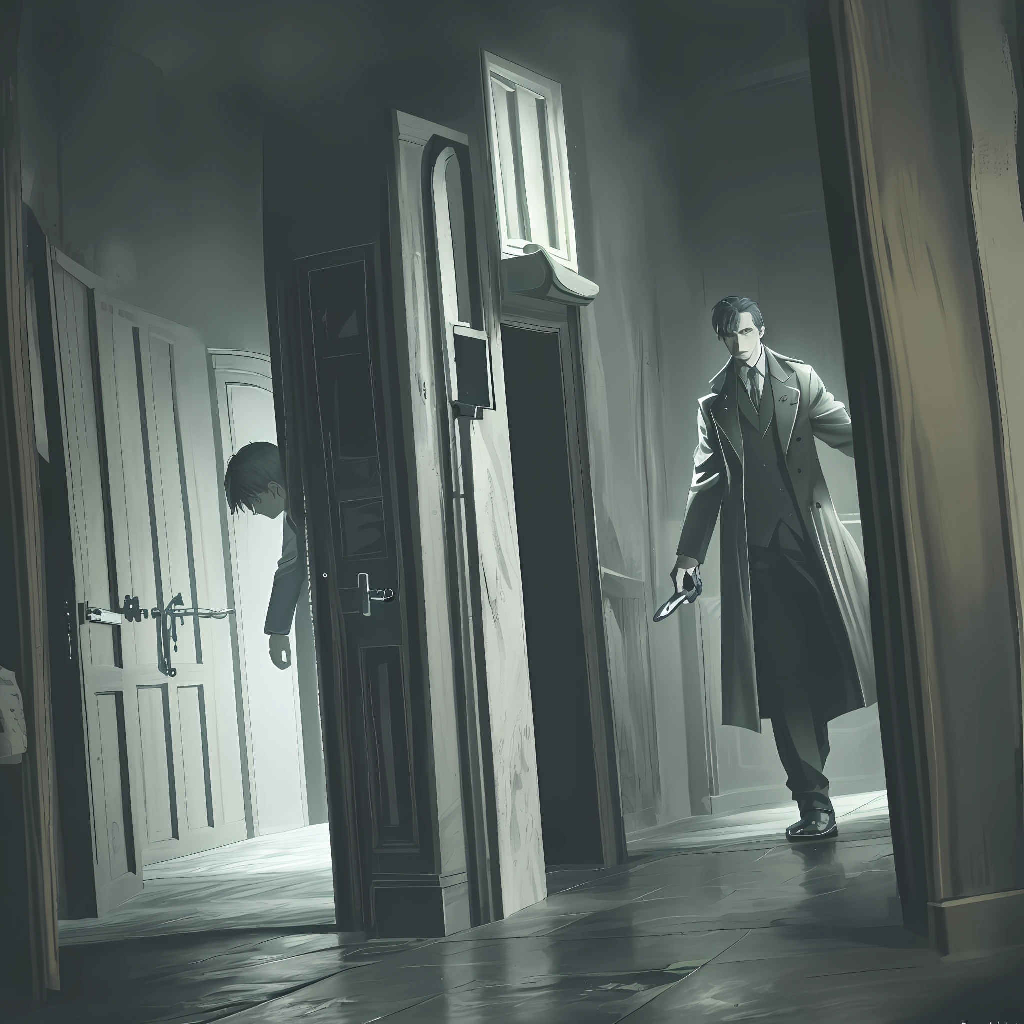 Anime style. Late at night, the few candles in the Chamber of Secrets emit a flickering light, casting jumping shadows on the walls. The agent slowly explored the chamber with a flashlight, and all the unusual details were captured in his keen eyes. He moved lightly, afraid of making any noise. There are some strange marks on the wall that seem to hide organs. He held his breath and cautiously reached out to touch it, and the flashlight in his hand swung with it, illuminating different corners. Time passed minute by minute, and the agent's heartbeat gradually increased, wondering if some deadly trap would suddenly jump out of this secret room. He must find the clue as soon as possible, otherwise this secret investigation mission may end in failure. There was a narrow door in the wall that revealed a slight gap, which the agent immediately noticed alertly. He fumbled with the mechanism on the door, while constantly looking around, afraid that something would be missed. When the door creaked open, he gripped the flashlight, held his breath, and walked slowly. A strong sense of unease arose, and the agent steadied himself and continued his long and tense exploration. In this silent and dark night, he must face all the unknowns and dangers alone.