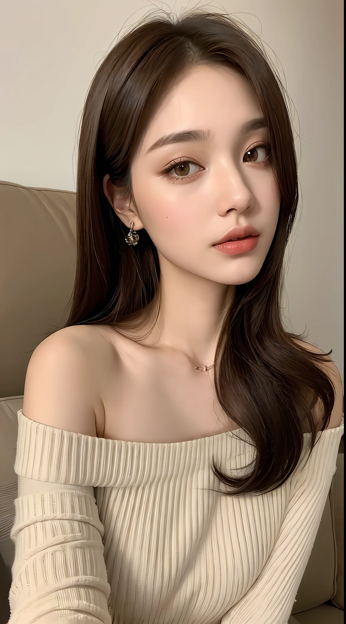 ((Night view, realistic light, best quality, 8k, masterpiece: 1.3)), 1girl, pretty woman with slim figure: 1.4, (brown hair: 1.3),white off-the-shoulder cut top: 1.3, sofa, super detailed face, detailed eyes, double eyelids