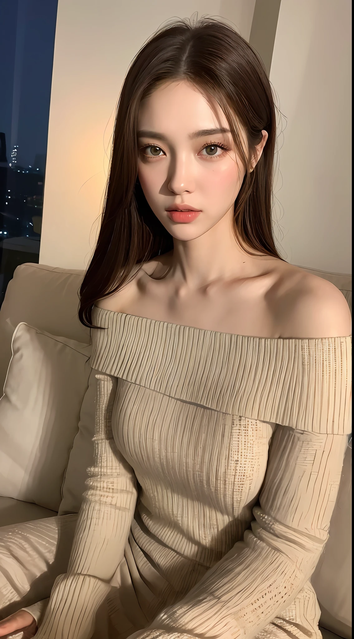 ((Night view, realistic light, best quality, 8k, masterpiece: 1.3)), 1girl, pretty woman with slim figure: 1.4, (brown hair: 1.3),white off-the-shoulder cut top: 1.3, sofa, super detailed face, detailed eyes, double eyelids