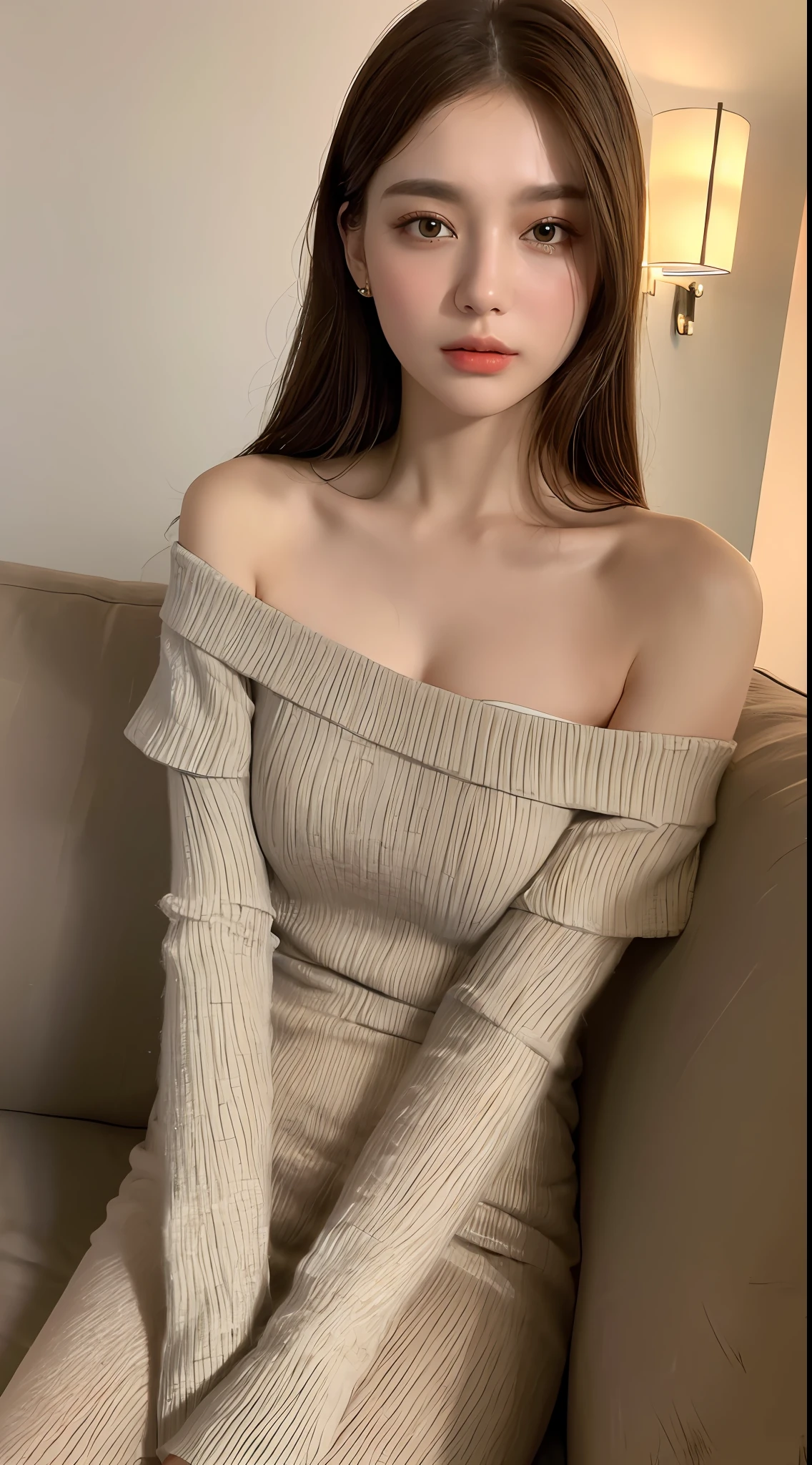 ((Night view, realistic light, best quality, 8k, masterpiece: 1.3)), 1girl, pretty woman with slim figure: 1.4, (brown hair: 1.3),white off-the-shoulder cut top: 1.3, sofa, super detailed face, detailed eyes, double eyelids