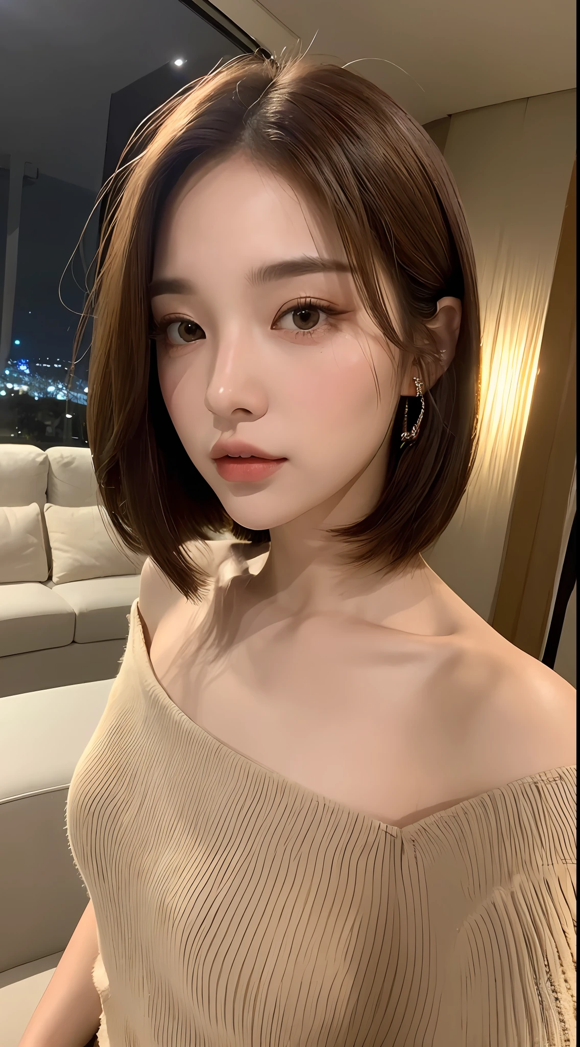 ((Night view, realistic light, best quality, 8k, masterpiece: 1.3)), 1girl, pretty woman with slim figure: 1.4, (brown hair: 1.3),white off-the-shoulder cut top: 1.3, sofa, super detailed face, detailed eyes, double eyelids