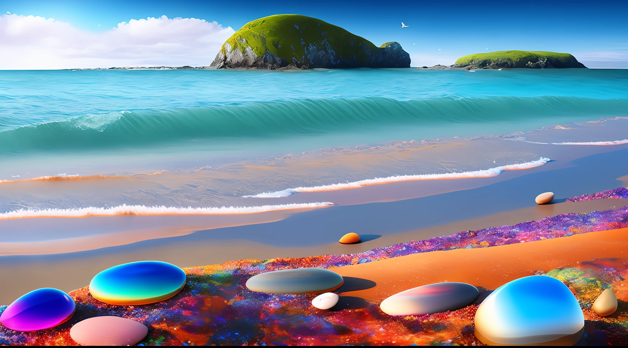 East Pole Island, Beach, Tide, Waves, Noon, Sunny, Transparent Pebbles, Ultra-realistic, Surreal, 16k HD, Rainbow Umbrella,