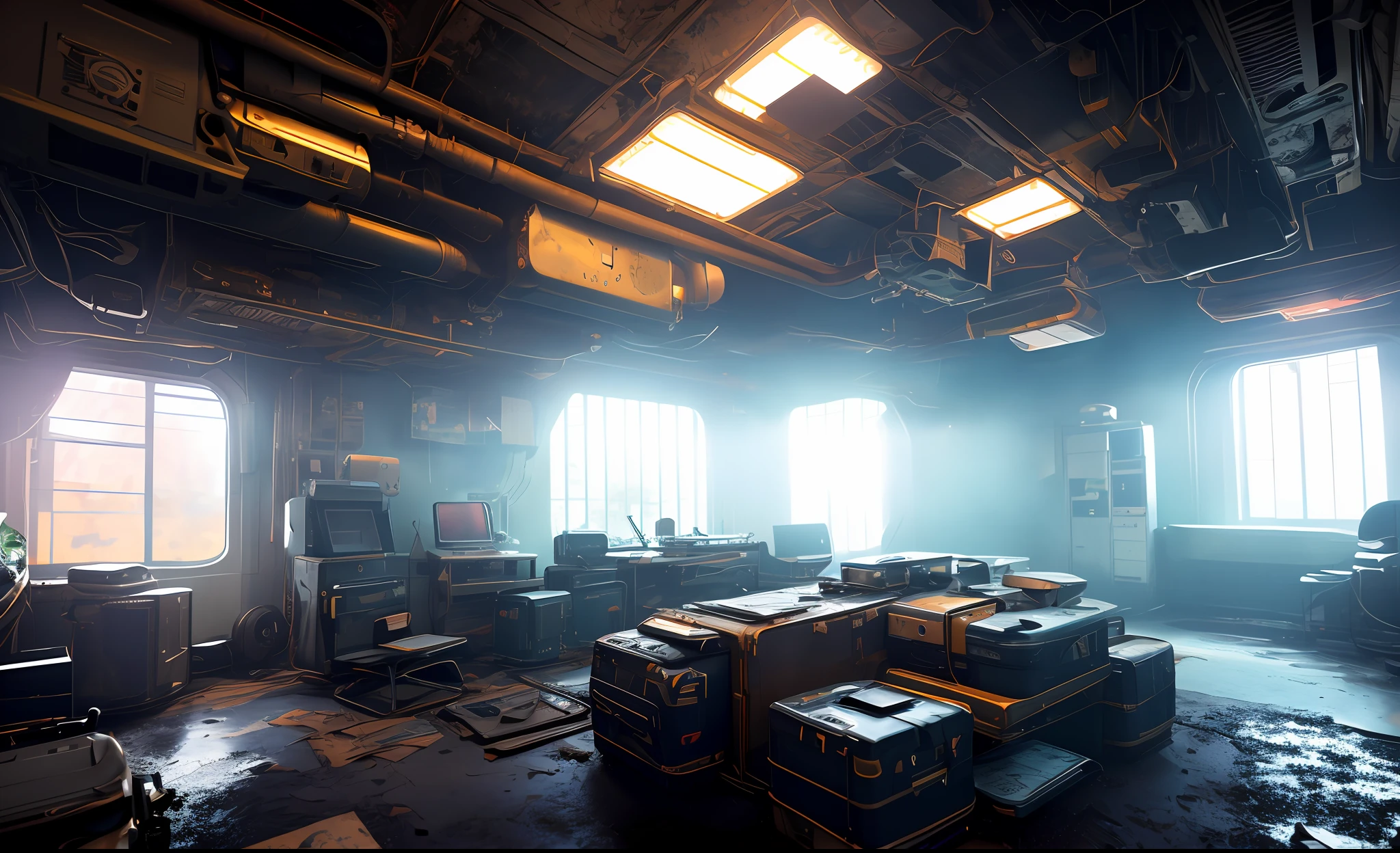 rooms of a dark and abandoned space station, large area, sci-fi, enclosed environment, with dirt and deteriorated boxes, metal walls with hanging conduits, power boxes on the walls, broken monitors, dark tones, low lighting, extremely detailed natural texture, digital painting, ultra realistic photography, nikon d850 film photography, Kodak Portra 400 Camera F1.6 lens, depth of field,   extremely detailed, amazing, fine details, rich colors, hyper realistic texture, dramatic and gothic lighting, dark tones, unrealengine, trends in artstation, cinestill 800 tungsten, photorealistic, RAW photo, TanvirTamim, high quality, high resolution, sharp focus, extremely detailed, cinematic lighting, 8k uhd, high definition, cinematic, neoprene, rendered in unsplash, cgsociety, unreal engine 5, ultra sharp focus