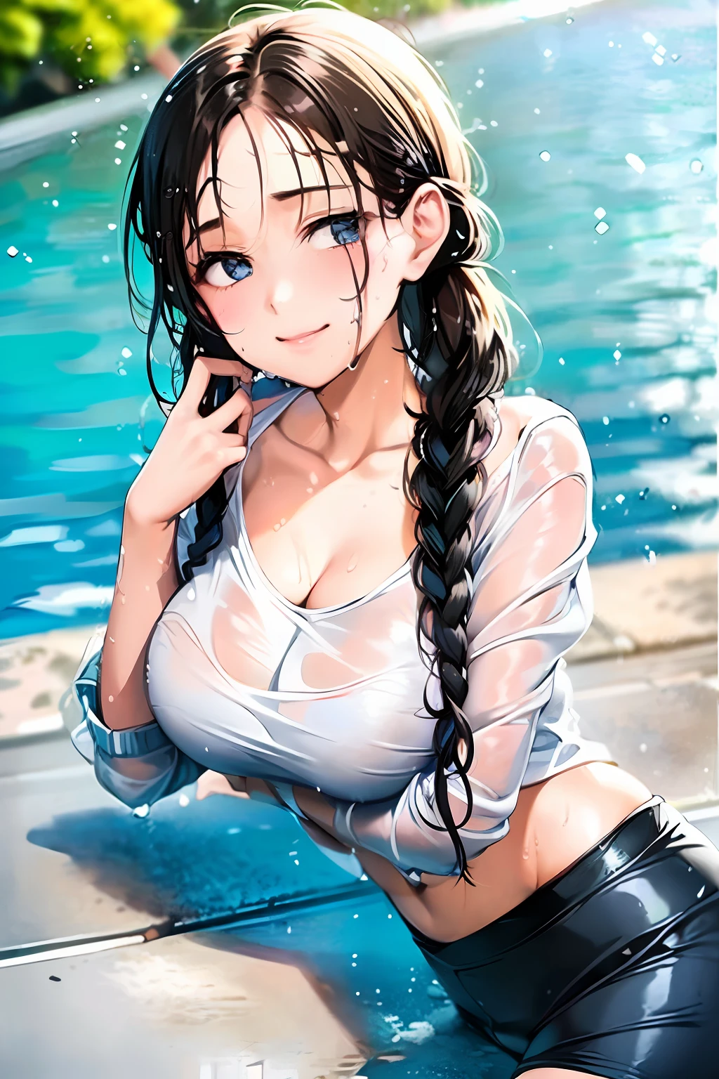 Cute 20 year old woman, black hair, French braid, ((white shirt, long sleeves, cotton)), (((sweatpants))), ((grey)), black shoes, high heels, (((lying down))) in (((shower))), her ((entire body except her head and shoulders is submerged)), (((her shirt is sheer and soaking wet))), (((her shirt clings to her upper body))), (((her sweatpants soaking wet))), her hair is wet and clings to her face and shoulders, ((shine and water droplets on her clothes)), sexy smile