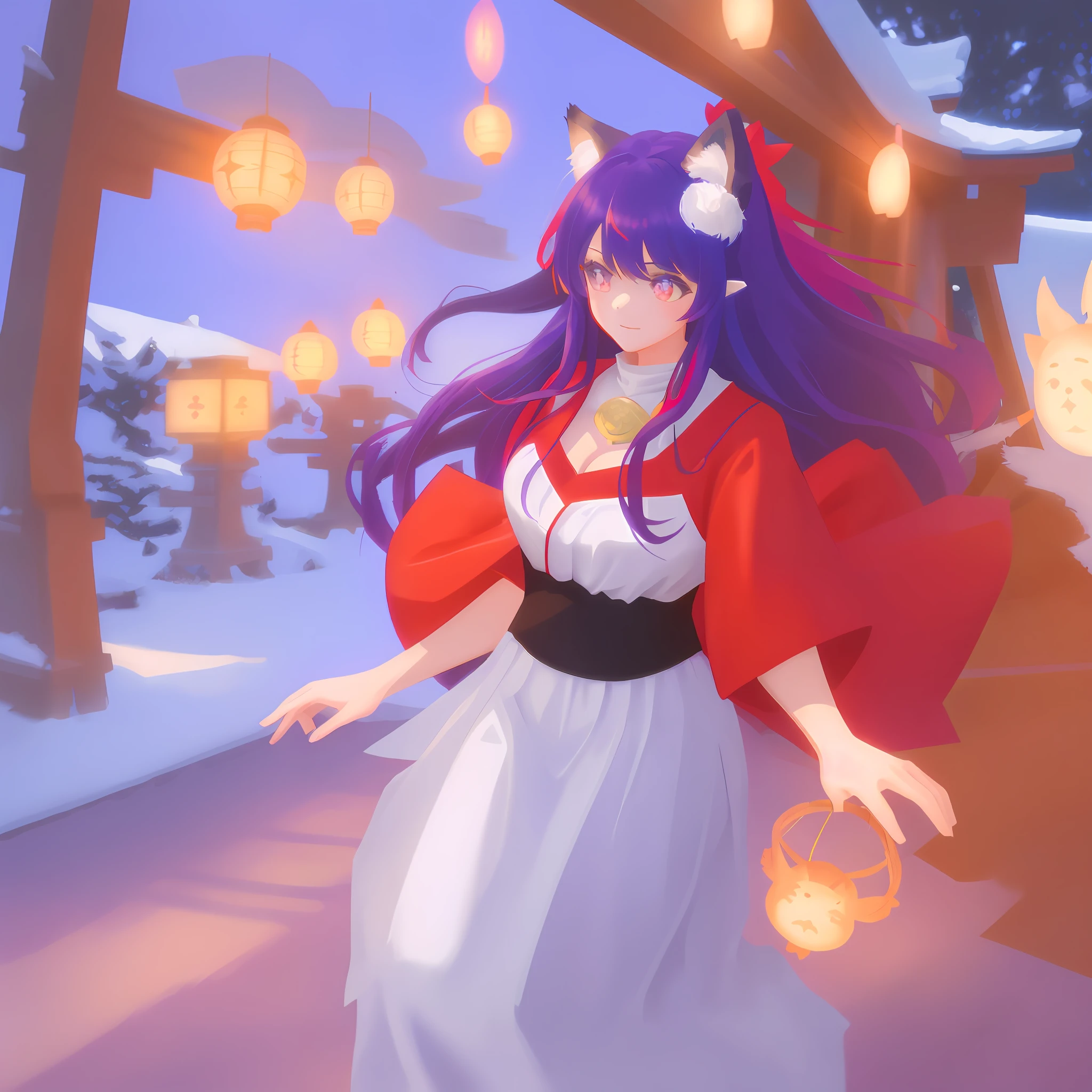 1woman, solo, masterpiece, best quality, fox ears, 9 fox tails, kitsune, shrine maiden clothing, shrine maiden outfit, purple hair, long purple hair, purple fox ears, large breasts, cleavage, white shrine maiden outfit, large red obi, revealing, slightly open front, plenty of cleavage
