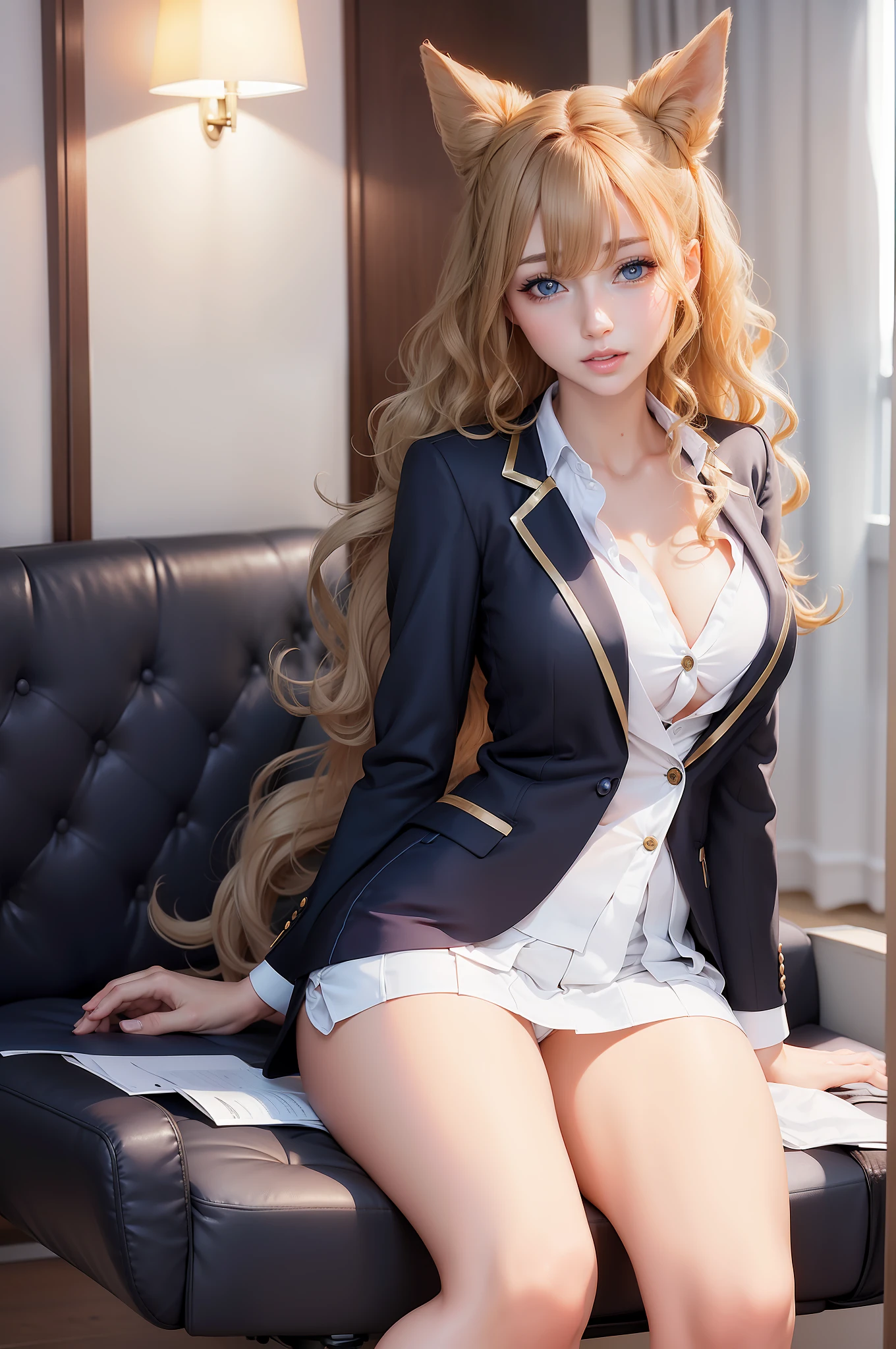 Sexy woman with, golden curly hair, blue eyes, office suit wear