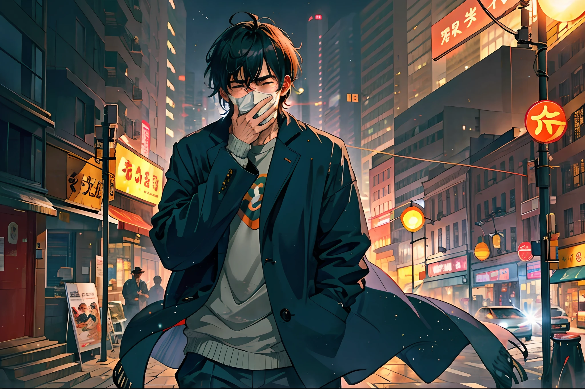 A man with an Asian face, Hide your face and cry in the street, black hair, tearing up, cinematic lighting, lens flare, cowboy shot, UHD, masterpiece, best quality