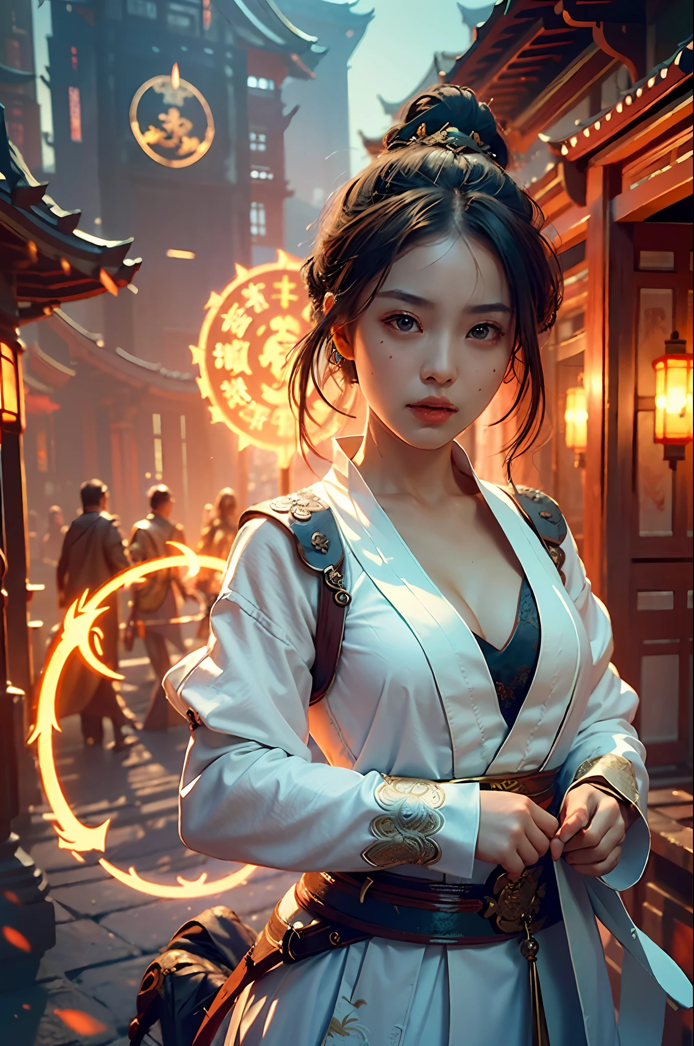 Best quality,masterpiece,ultra high res,(photorealistic:1.4),xiuxian,weapon,Detailed face,
1girl,solo,weapon,cleavage,(magic circle:1.2),xiuxian,upper body,Beautiful girl,full body,east asian architecture,sheath,architecture,