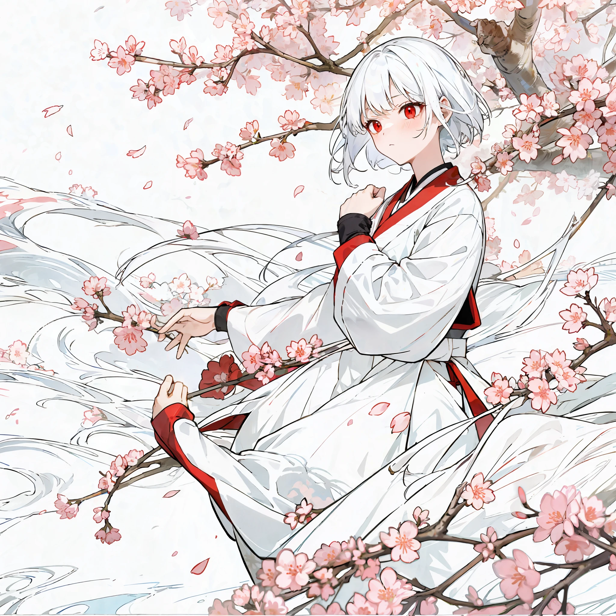 girl, white hair, red eyes, wearing martial arts training clothes, apologizing hands, in front of a blossom tree