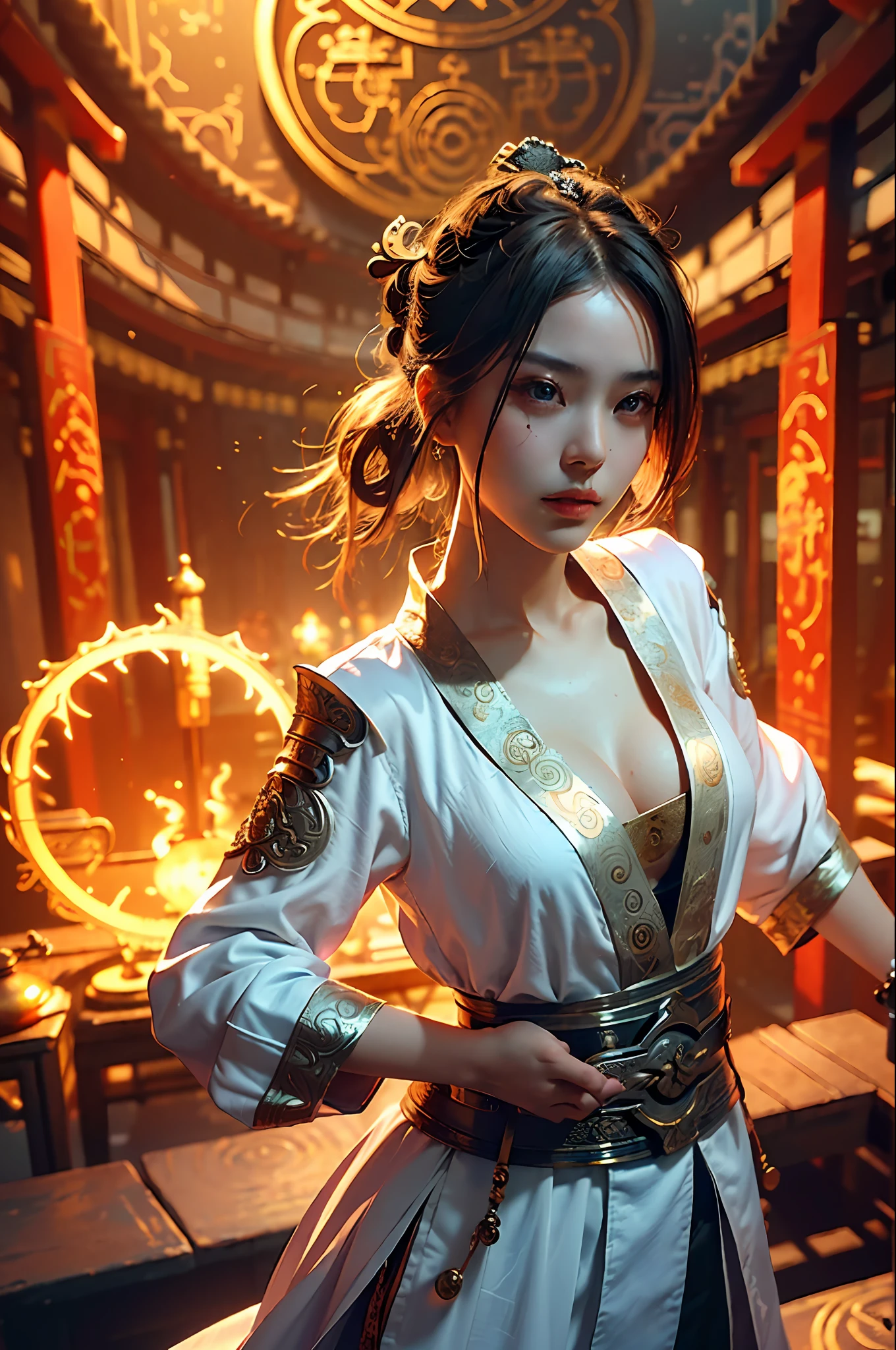 Best quality,masterpiece,ultra high res,(photorealistic:1.4),xiuxian,weapon,Detailed face,
1girl,solo,weapon,cleavage,(magic circle:1.2),xiuxian,upper body,Beautiful girl,full body,east asian architecture,sheath,architecture,