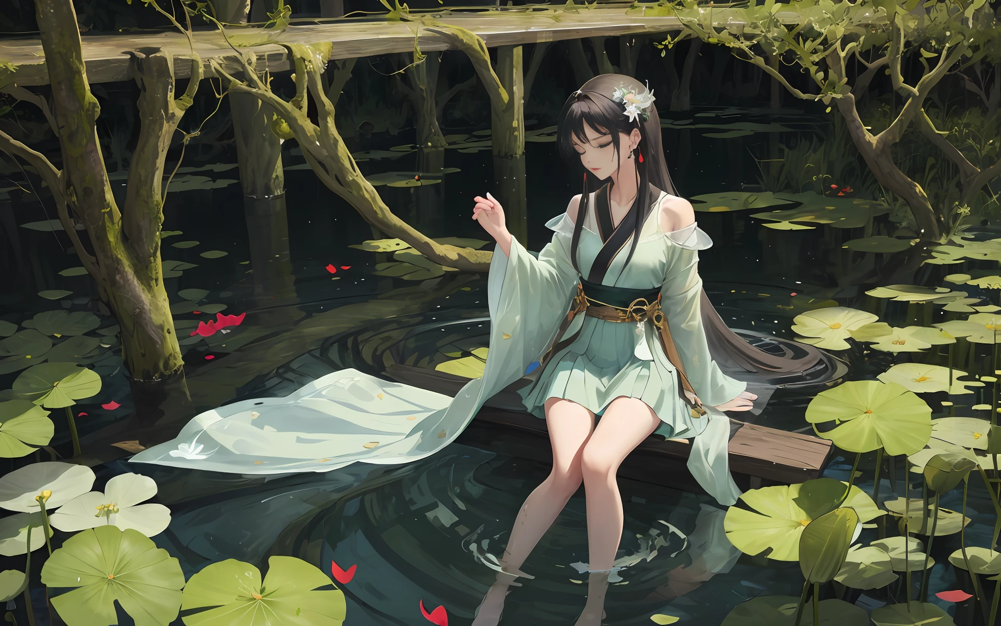 Dark green Hanfu, a woman, cool, fair skin, sea of flowers, pond, petals floating on the water, lily, clavicle, eyes closed, half submerged in water, dark background, moonlight, hairpin, jade pendant, Hanfu, delicate faces, hair accessories, red lips, skirts, belts, jewelry, long hair, earrings, , strands of hair, perfect body proportions, wet, slender legs, bridges,