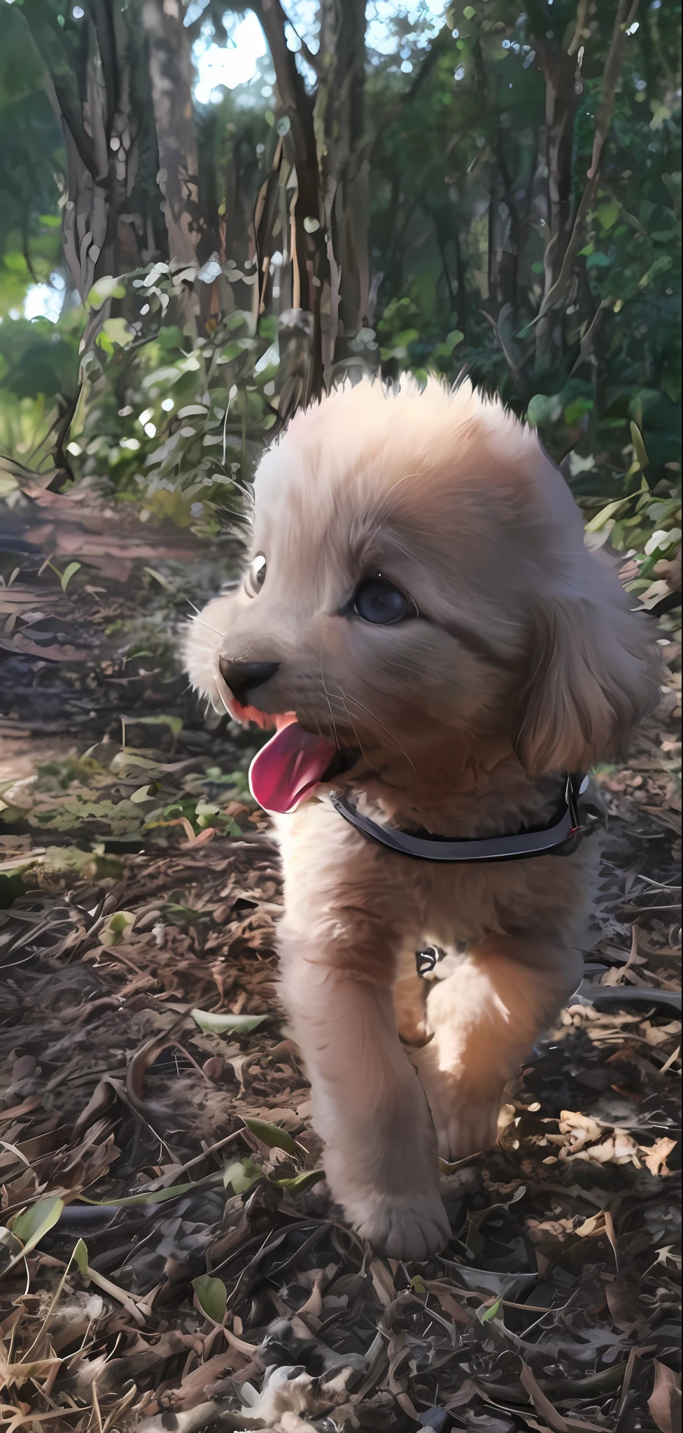 Kittens and puppies, the sun shines into the woods, happy, with clear details