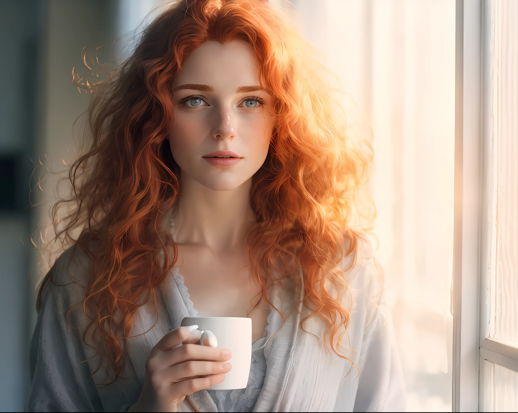 /imagine prompt: super realistic, realistic image in 8k A 25-year-old red-haired woman with long, curly hair, wearing a long white silk cardigan, she is holding a custom mug in front of a window where sunlight is coming in, the scene is clear, soft colors and light background, light from a sunny morning cinematic light, bright face, realistic, clear, long shot,