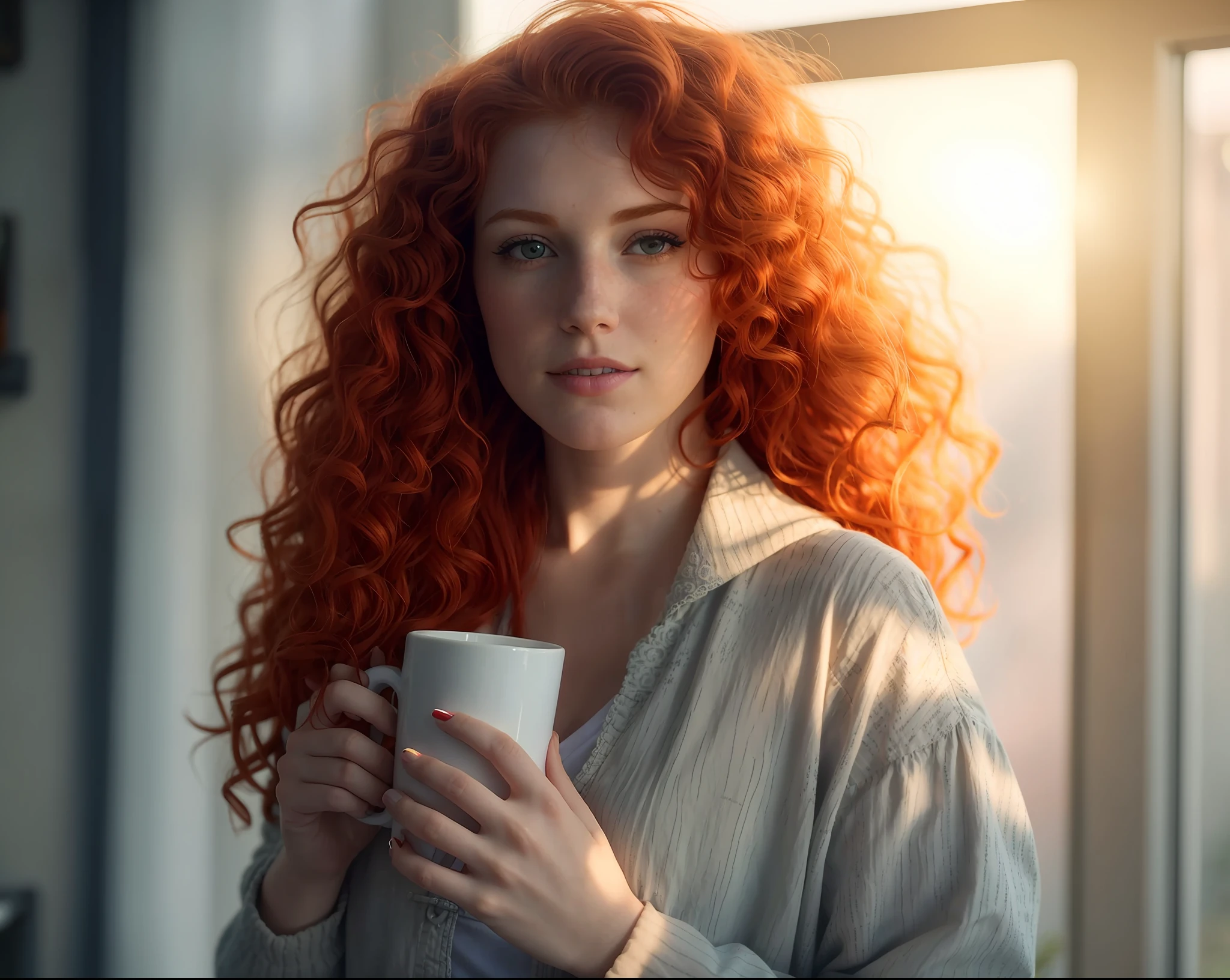 there is a woman with red hair holding a cup of coffee, redhead woman, portrait of morning coffee, woman with red hair, infp young woman, a redheaded young woman, early morning mood, red haired young woman, flowing ginger hair, beautiful redhead woman, woman drinking coffee, ginger wavy hair, with curly red hair, redhead girl, red hair and attractive features