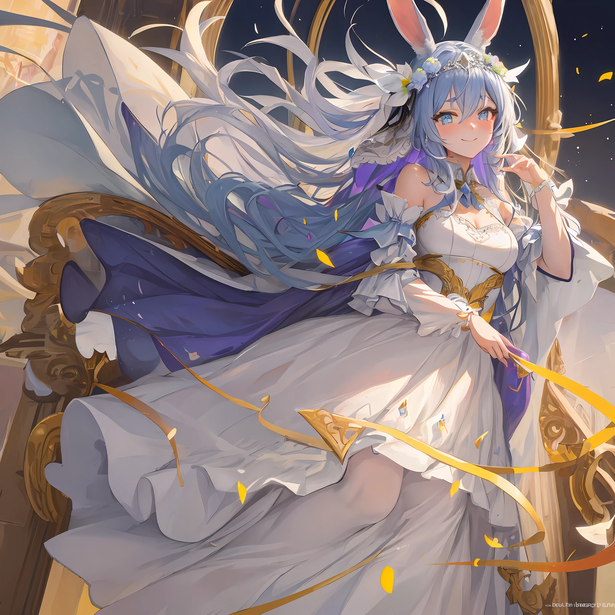 Complex background, color scheme with multiple colors, thick eyebrows, beautiful eyes, rabbit ears, intricate fractal wedding dress, wedding dress fused with hydrangea, evil smile, ((masterpiece)), ((best quality)), (super detailed), cute girl, 1 girl, solo, ((beautiful eyes)), anime girl, happy and cute face, full body beautiful anime style girl, beautiful detailed eyes Clean, detailed face, five fingers, textile shading, perfect anatomy,