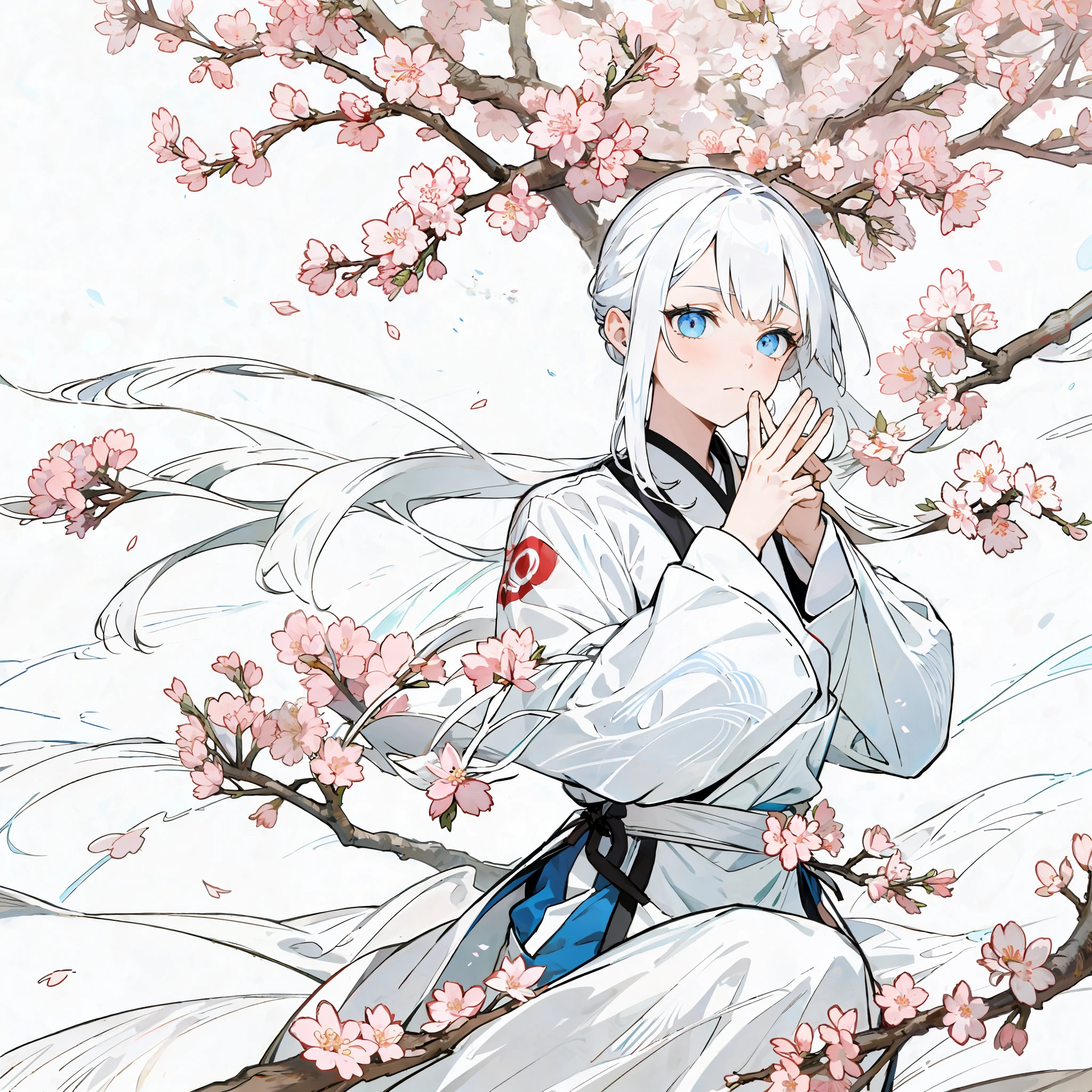 girl, white hair, blue eyes, wearing martial arts training clothes, apologizing hands pose, in front of a blossom tree, portrait