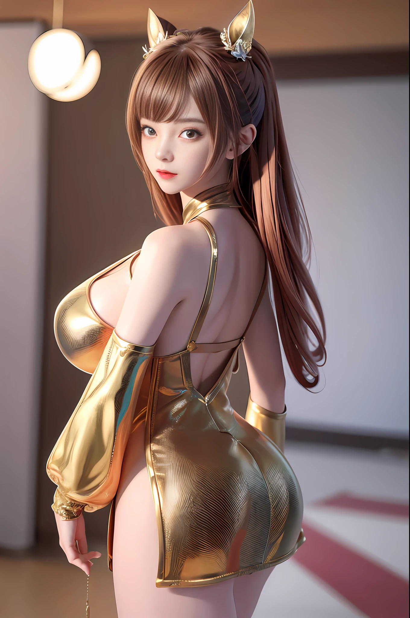 (Masterpiece, Best Quality, Detailed, Big Breasts, CG, Photo: 1.3), (Ulzzang-6500-V1.1:0.7), 1Girl, Upper Body, (Buttocks, Back, Sexy, Beautiful, Perfect Hourglass Figure: 1.3)