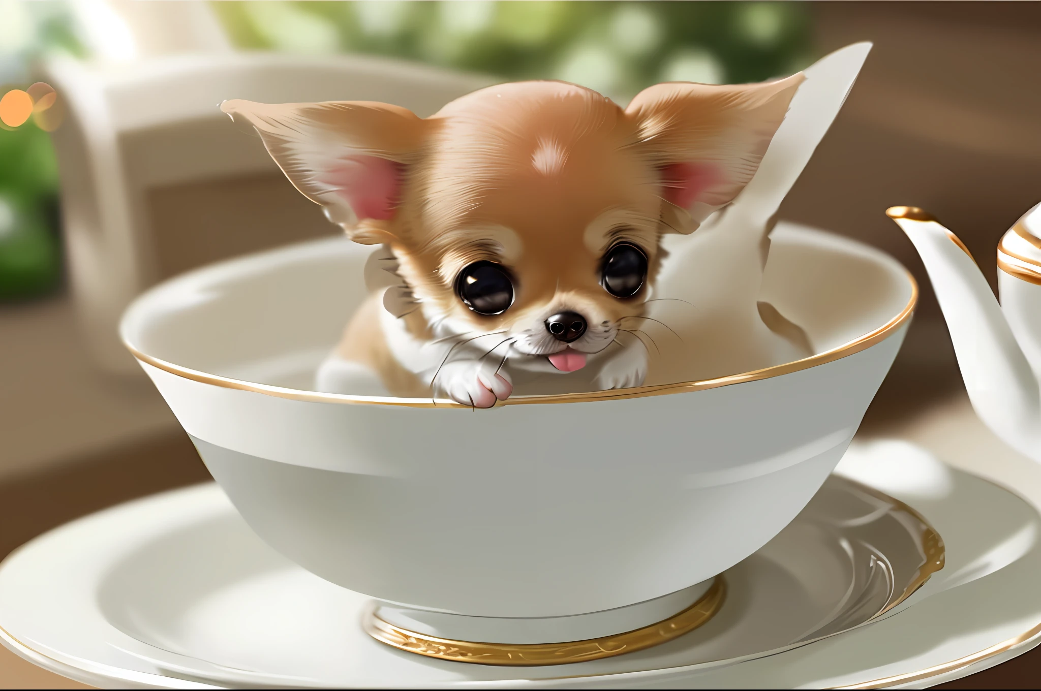 ((Small Chihuahua: 1.2), white cream, in a teacup, tongue, front paws, 8k professional photos, delicate, clear, pretty face, sunlight, light leakage, table, home environment masterpiece):: 0.9
