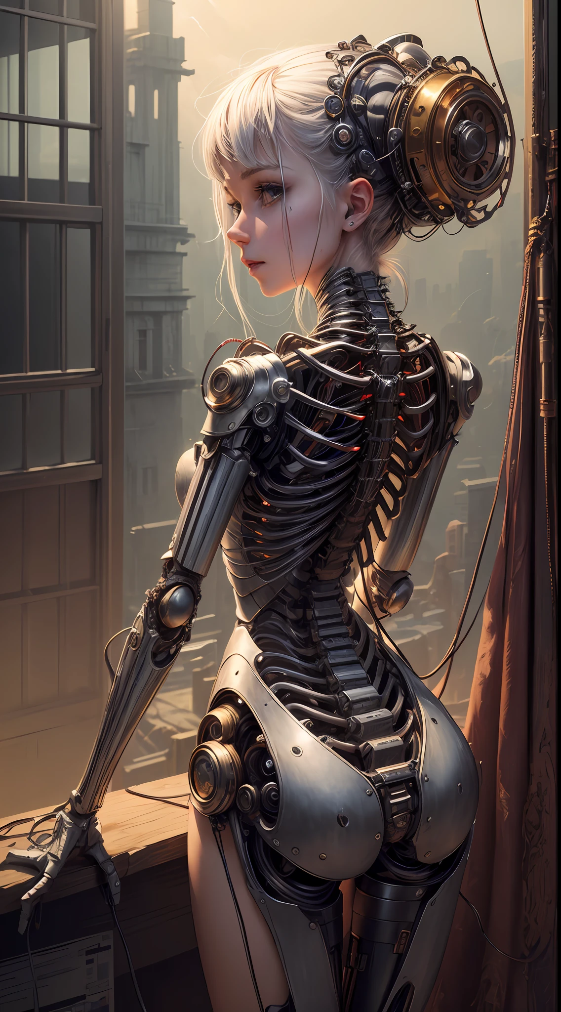 (((masterpiece))), ((best quality)), (ultra-detailed), (CG illustration), (an extremely devious and beautiful)), cinematic light, ((1 mechanical girl)), single, (machine-made joints: 1.4), ((mechanical limbs)), ( blood vessels attached to the tube), ((mechanical spine attached to the back)), ((mechanical cervical vertebrae attached to the neck), ((back to the viewer)), expressionless, (wires and cables attached to the head and body: 1.5), science fiction, apocalypse, ruins