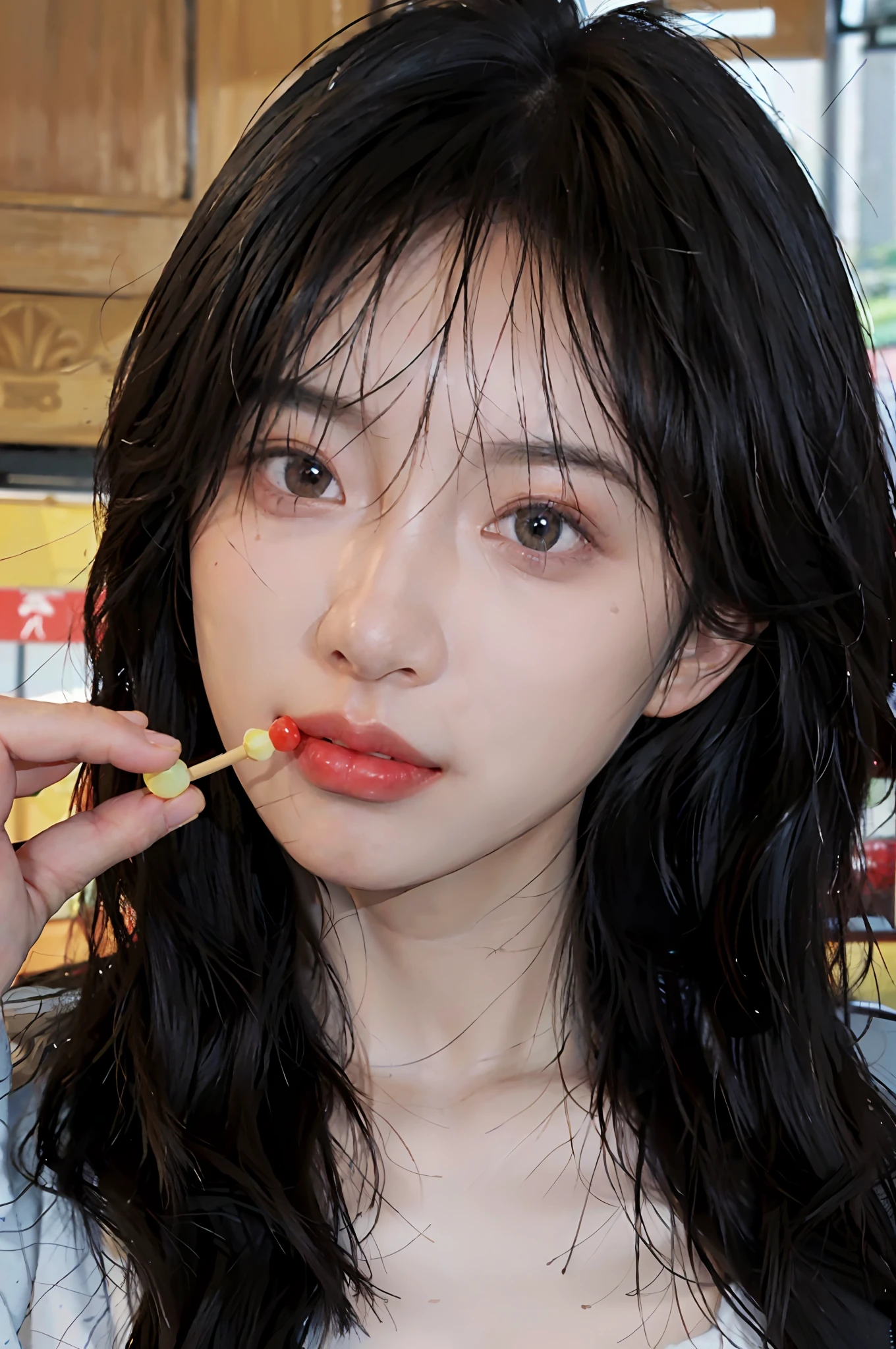 8K, Best Quality, Masterpiece, Ultra High Resolution, (Realism: 1.4), Original Photo, (Real Skin Texture: 1.3), (Film Grain: 1.3), (Selfie Angle), 1 Girl, Beautiful Eyes and Face Details, Masterpiece, Best Quality, Close-up, Upper Body, Looking at the Viewer, Eating Lollipop, Eating Lollipop in Mouth