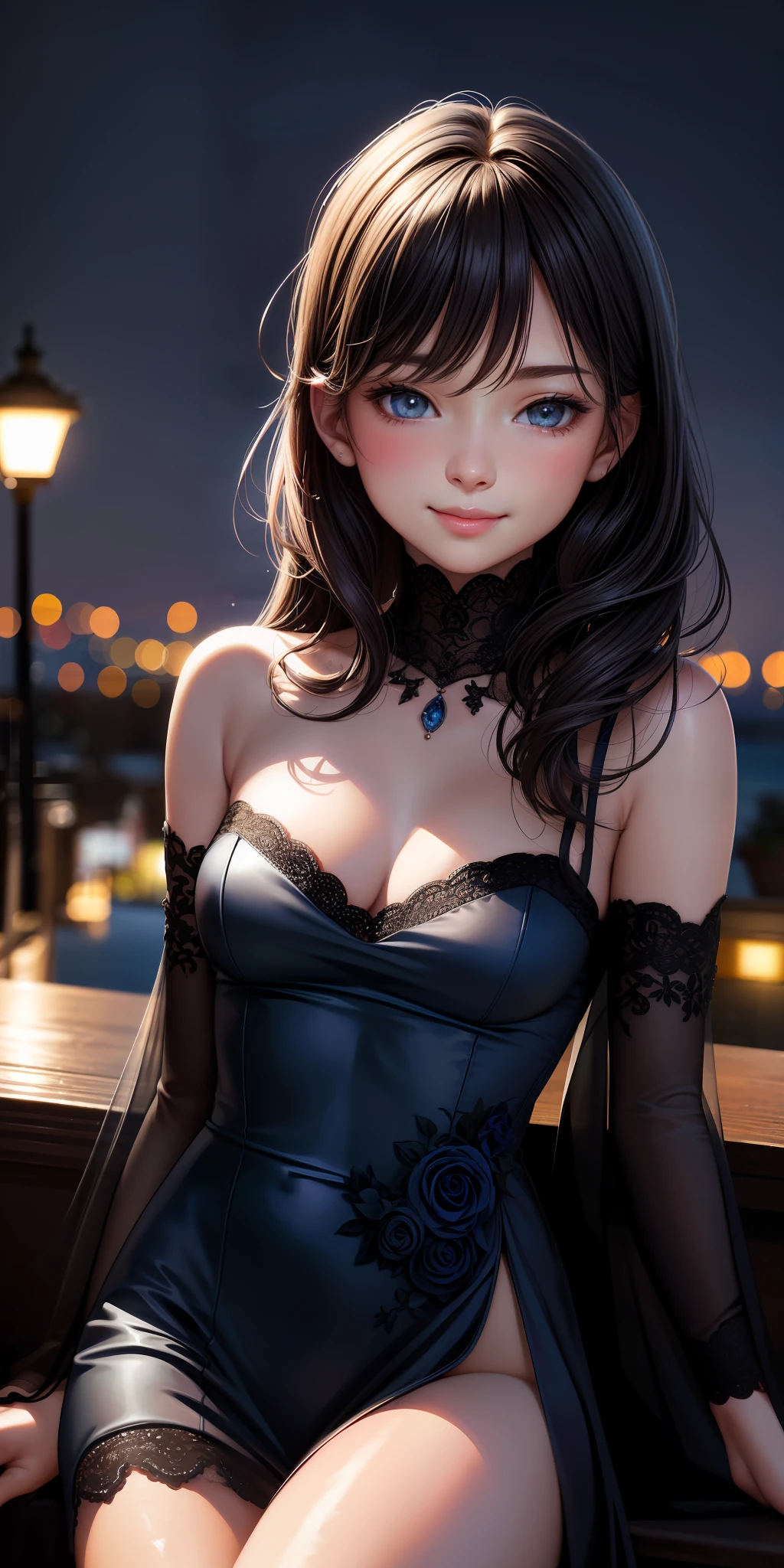 (8k, top quality, masterpiece: 1.2), (realistic, photorealistic: 1.37), super detailed, girl single, cute, solo, midnight, beautiful detailed sky, detailed café, sitting, date, (blush), (smile: 1.15), small breasts (mouth closed), beautiful fine eyes, floating hair NovaFrogStyle, back open dress