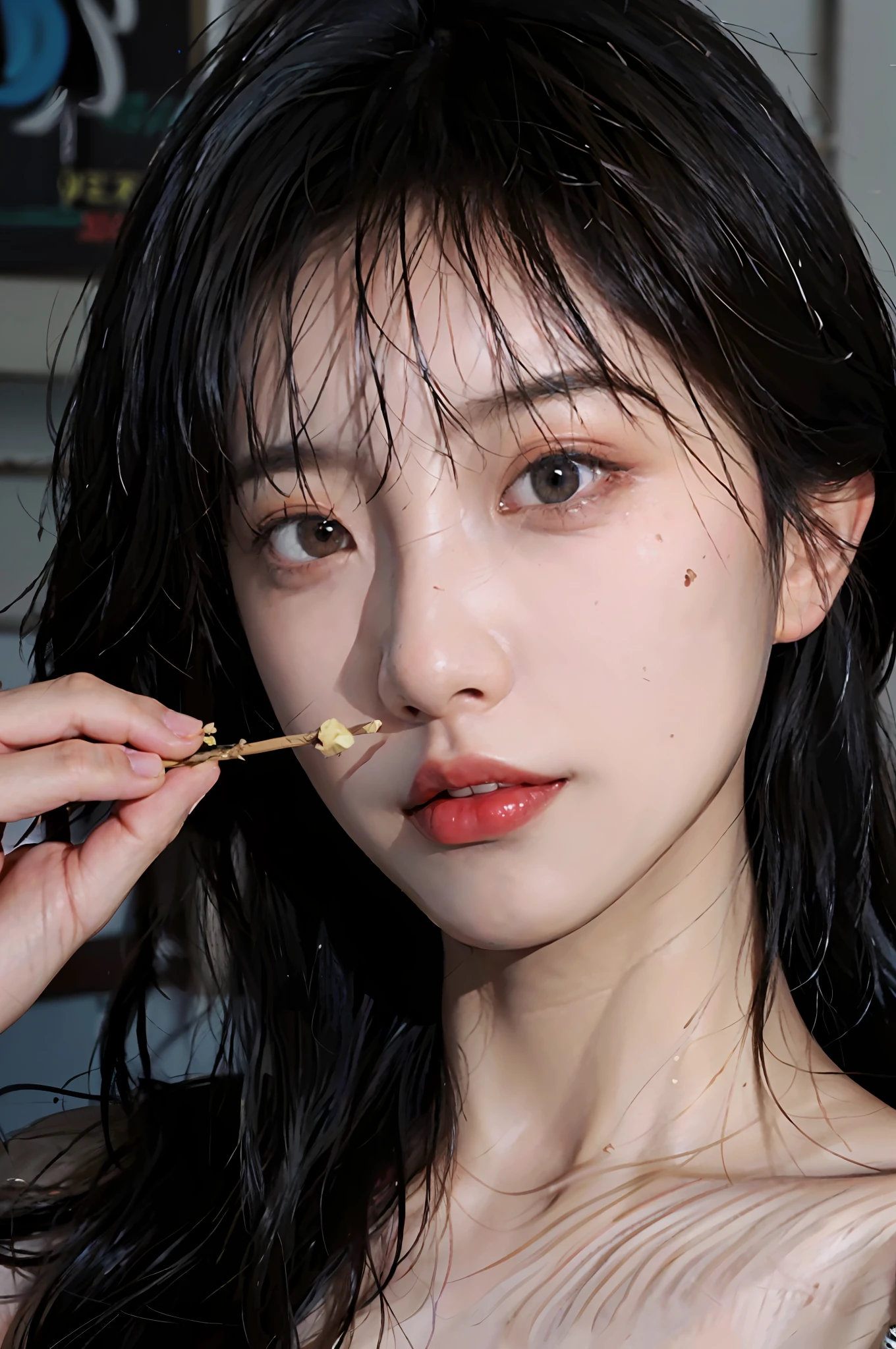 8K, Best Quality, Masterpiece, Ultra High Resolution, (Realism: 1.4), Original Photo, (Real Skin Texture: 1.3), (Film Grain: 1.3), (Selfie Angle), 1 Girl, Beautiful Eyes and Face Details, Masterpiece, Best Quality, Close-up, Upper Body, Looking at the Viewer, Eating Lollipop, Eating Lollipop in Mouth