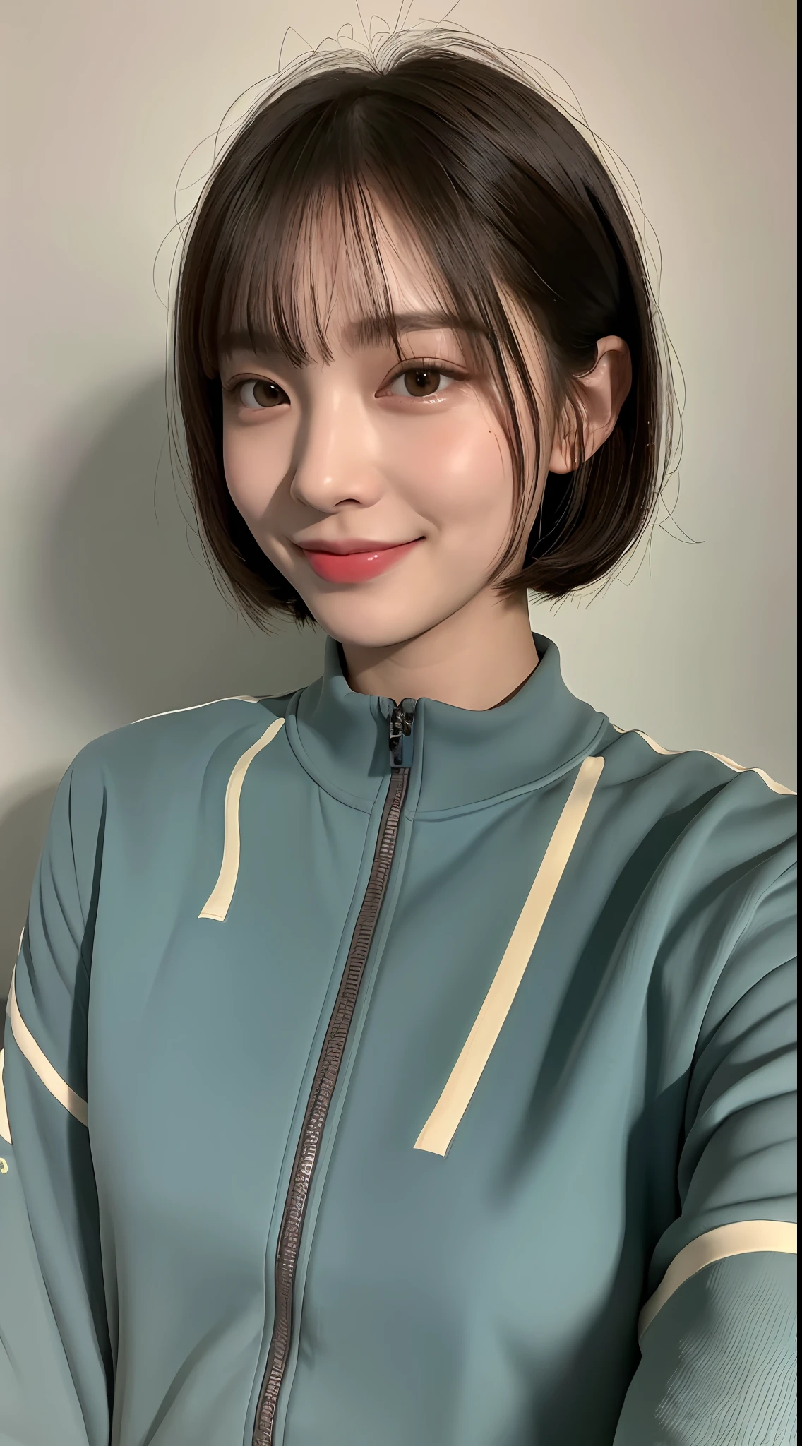 ((Realistic Lighting, 8k, Top Quality, Masterpiece of the Night: 1.3)), Slender Pretty Girl: 1.4, Big: 1.3, Slightly Hollow Eyes, Double Eyelids, (Tracksuit),Smile, 17 years old, Short hair, Bangs.