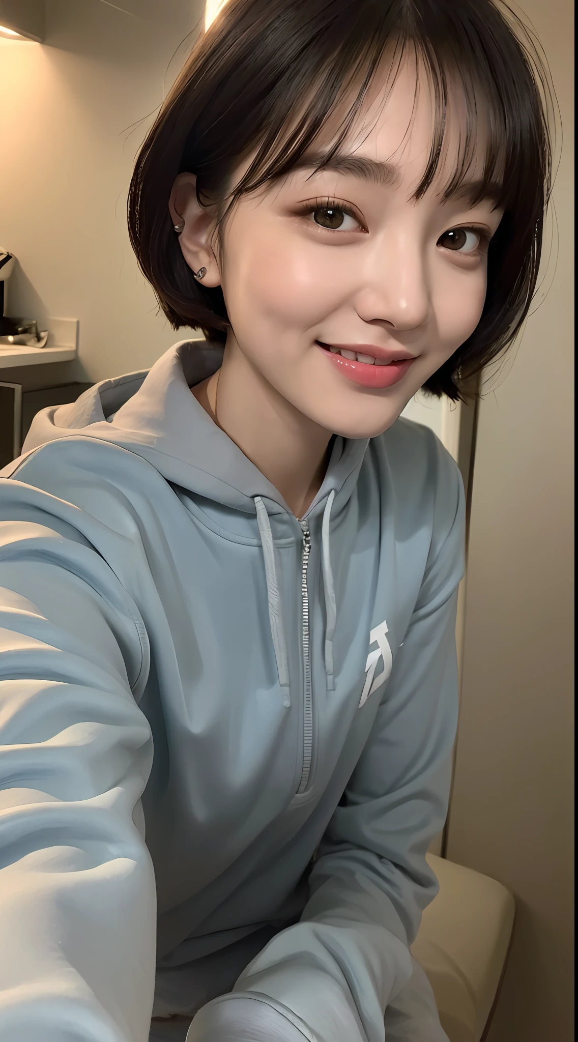 ((Realistic Lighting, 8k, Top Quality, Masterpiece of the Night: 1.3)), Slender Pretty Girl: 1.4, Big: 1.3, Slightly Hollow Eyes, Double Eyelids, (Tracksuit),Smile, 17 years old, Short hair, Bangs.