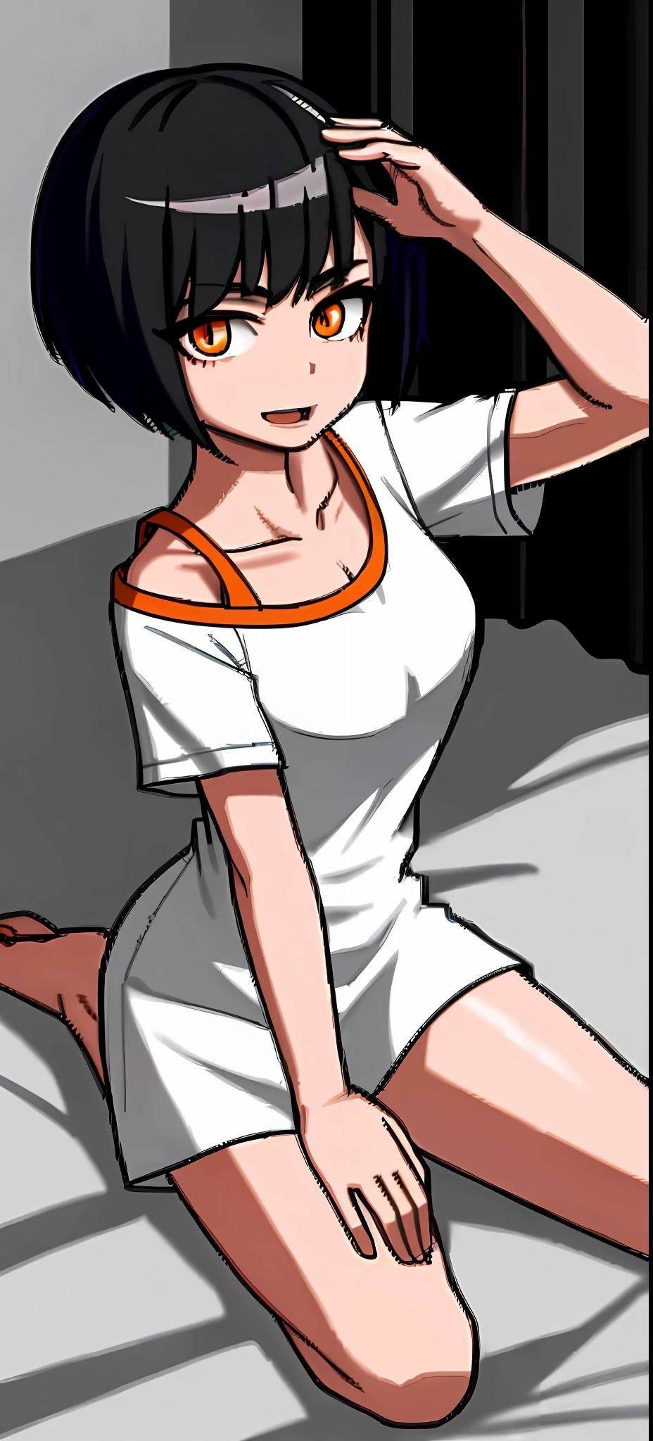 Black-haired girl with short haircut and orange eyes, half-naked sitting on a white bed, straightening her hair with her hand, legs bent under her, black T-shirt, half-open mouth, sexy, old anime style, darkened lighting