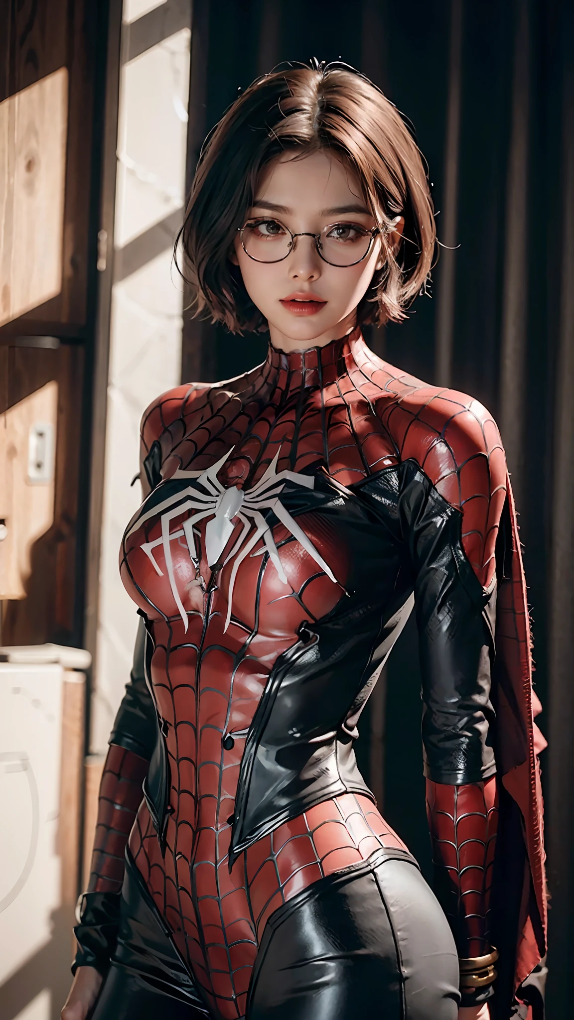 Woman body defined medium breasts, wearing glasses, short hair, bob haircut, costume dress of spider man