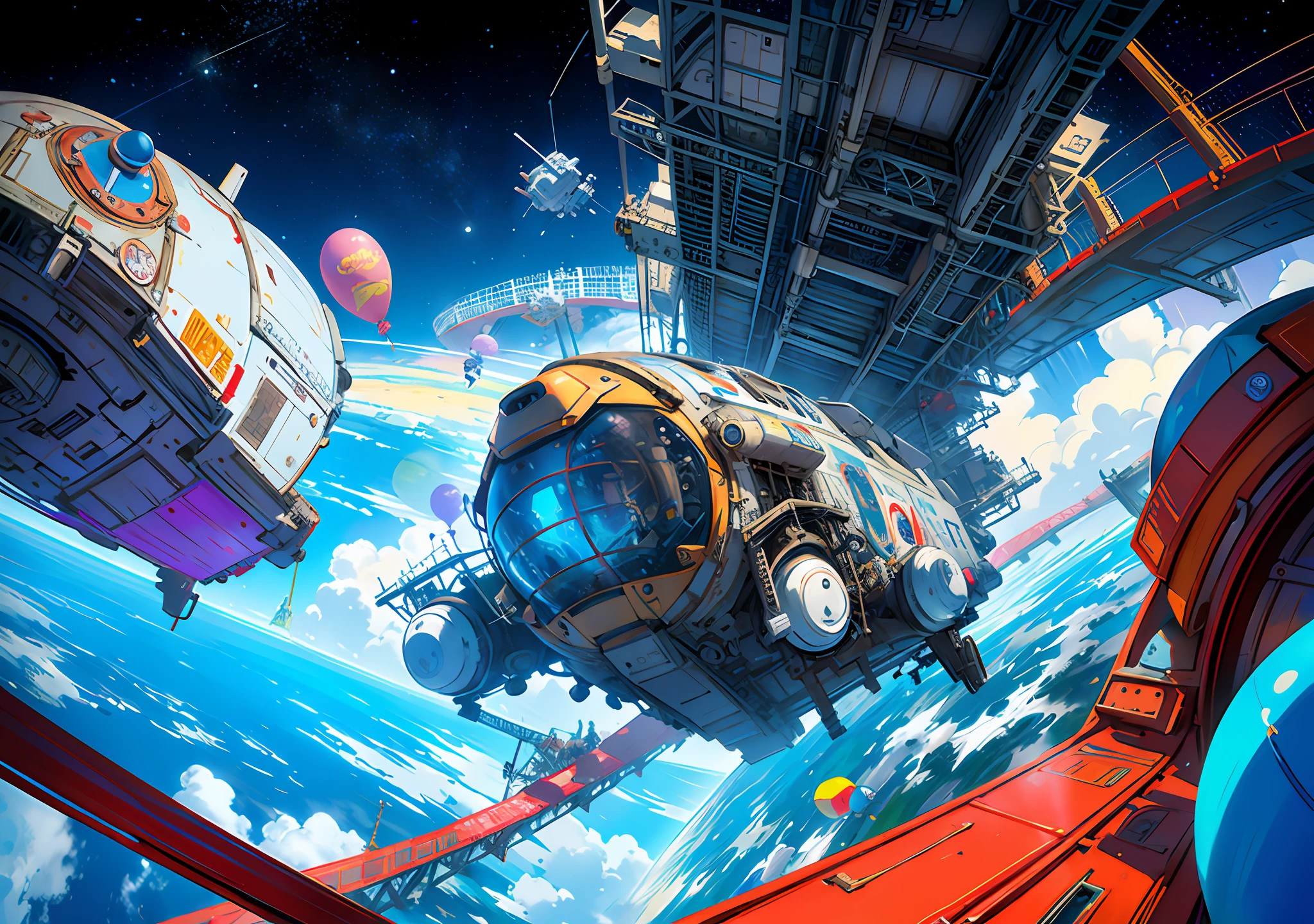 Highest quality, masterpiece, super detailed reflections, a picture of a space amusement park, wide angle shot, there is a furry man and alien friends holding a bunch of balloons, behind a Ferris wheel and roller coaster, farthest a cosmic octopus fighting astronauts, cosmic concept art, in a space environment, epic spaceship scenes, alien battles in space, game art!!, spacewalk scenes, speed painting and graffiti art, on the space station, concept art for video games, scenes in space, (Playground: 2), (Ferris wheel: 2), (Roller coaster: 2)