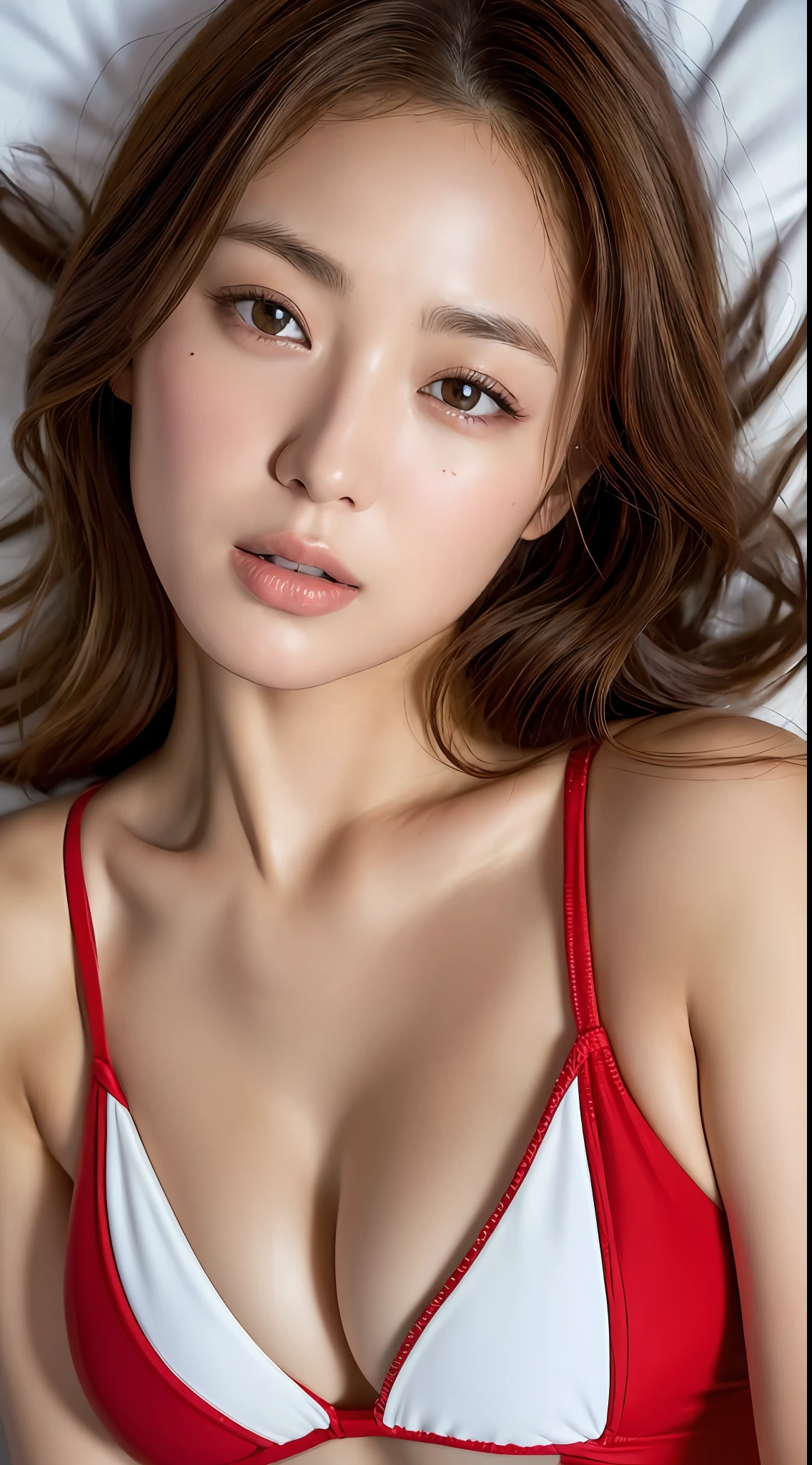 (Top Quality, 8k, 32k, Masterpiece, UHD: 1.3), Attractive Japan Female Pictures, Brown Eyes, Red Head, One Girl, (Big: 1.2), Abs, Perfect Body, Super Detailed Face, Detailed Lips, Fine Eyes, Double Eyelids, Upper Body Swimsuit, On the Bed,