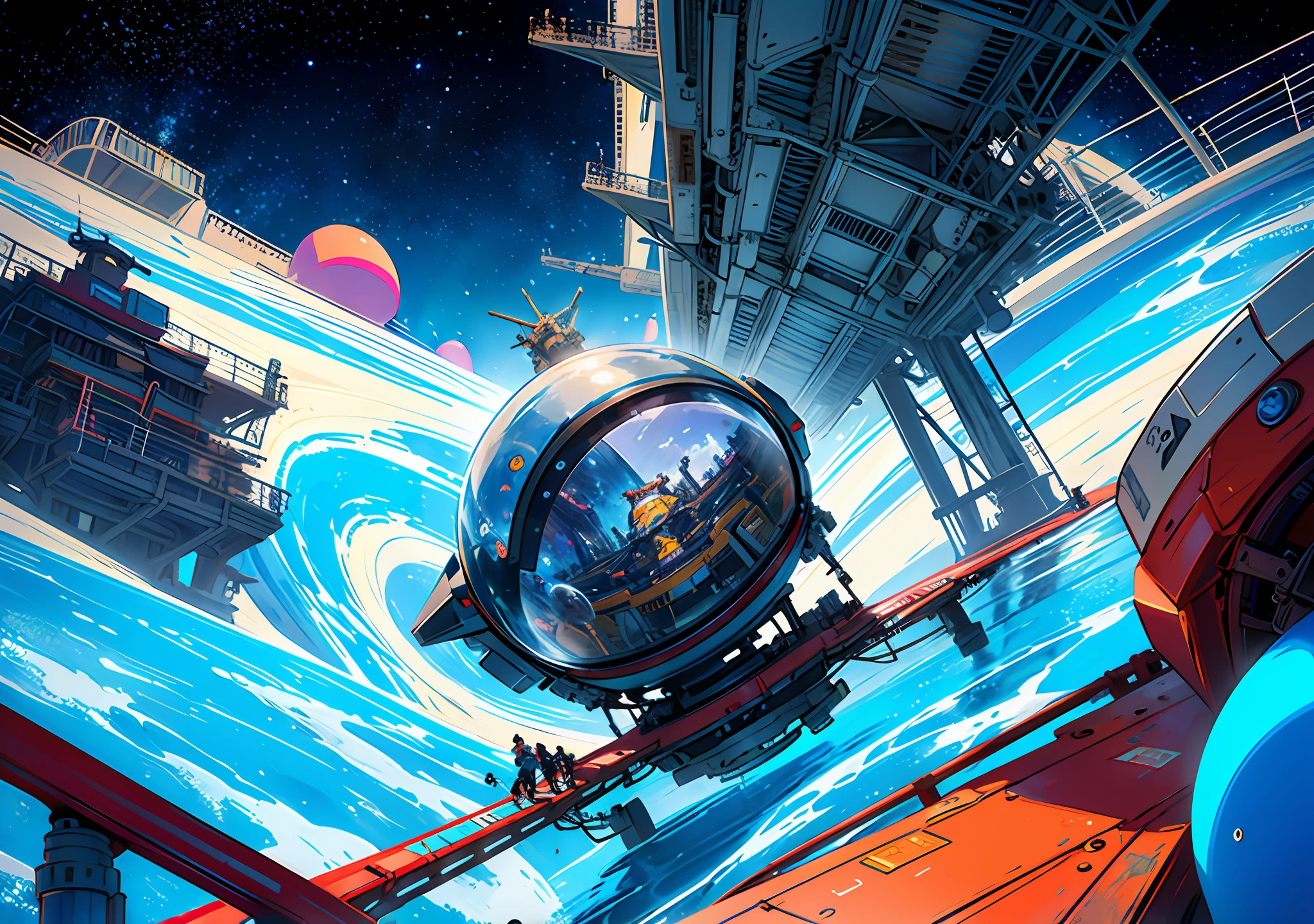 Highest quality, masterpiece, super detailed reflections, a picture of a space amusement park, wide angle shot, there is a furry man and alien friends holding a bunch of balloons, behind a Ferris wheel and roller coaster, farthest a cosmic octopus fighting astronauts, cosmic concept art, in a space environment, epic spaceship scenes, alien battles in space, game art!!, spacewalk scenes, speed painting and graffiti art, on the space station, concept art for video games, scenes in space, (Playground: 2), (Ferris wheel: 2), (Roller coaster: 2)