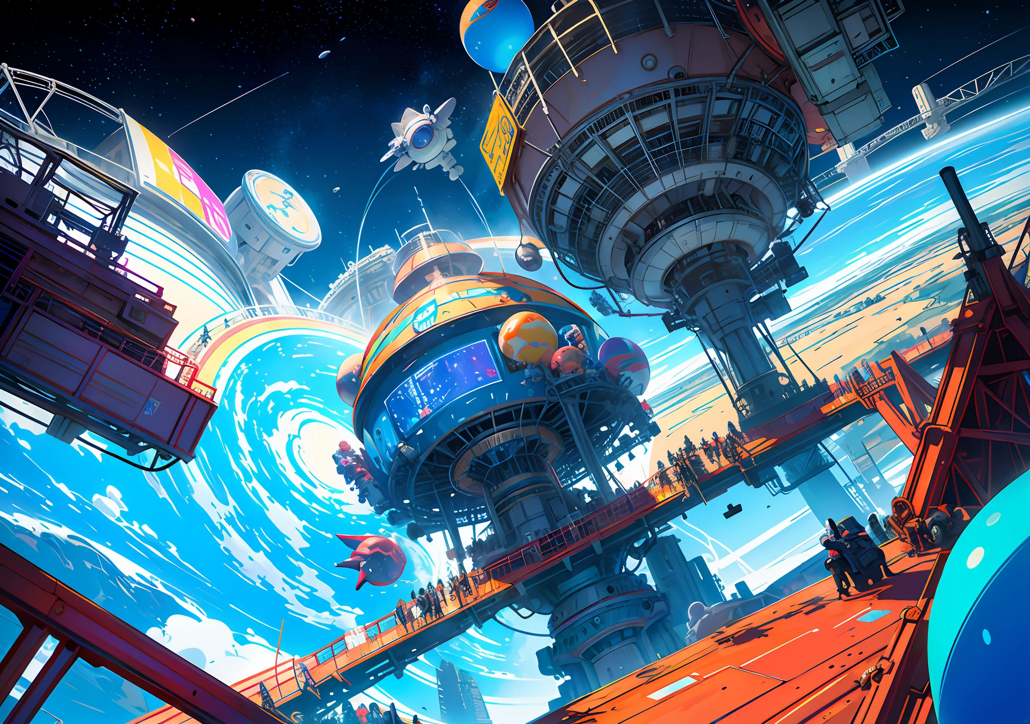 Highest quality, masterpiece, super detailed reflections, a picture of a space amusement park, wide angle shot, there is a furry man and alien friends holding a bunch of balloons, behind a Ferris wheel and roller coaster, farthest a cosmic octopus fighting astronauts, cosmic concept art, in a space environment, epic spaceship scenes, alien battles in space, game art!!, spacewalk scenes, speed painting and graffiti art, on the space station, concept art for video games, scenes in space, (Playground: 2), (Ferris wheel: 2), (Roller coaster: 2)