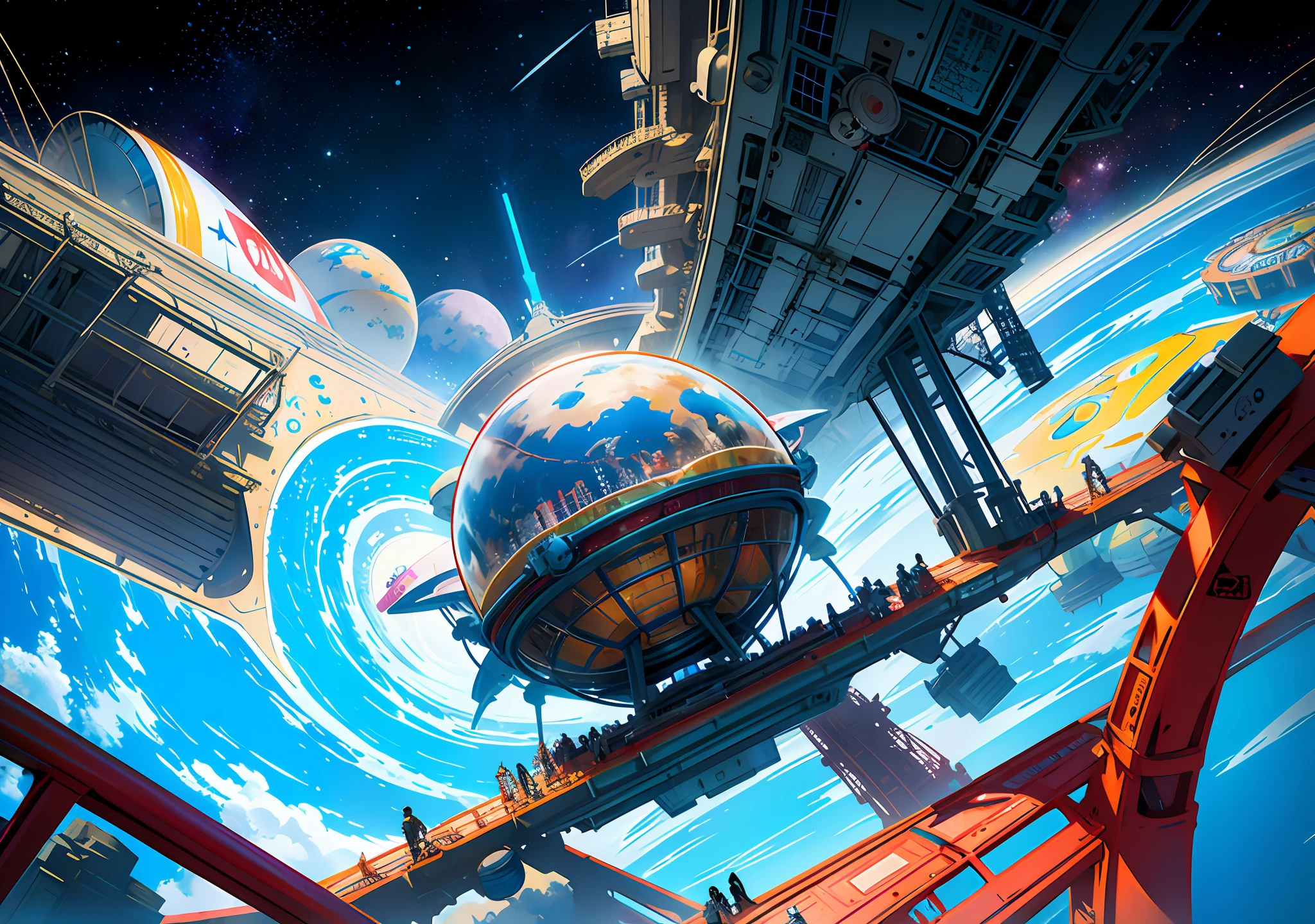 Highest quality, masterpiece, super detailed reflections, a picture of a space amusement park, wide angle shot, there is a furry man and alien friends holding a bunch of balloons, behind a Ferris wheel and roller coaster, farthest a cosmic octopus fighting astronauts, cosmic concept art, in a space environment, epic spaceship scenes, alien battles in space, game art!!, spacewalk scenes, speed painting and graffiti art, on the space station, concept art for video games, scenes in space, (Playground: 2), (Ferris wheel: 2), (Roller coaster: 2)