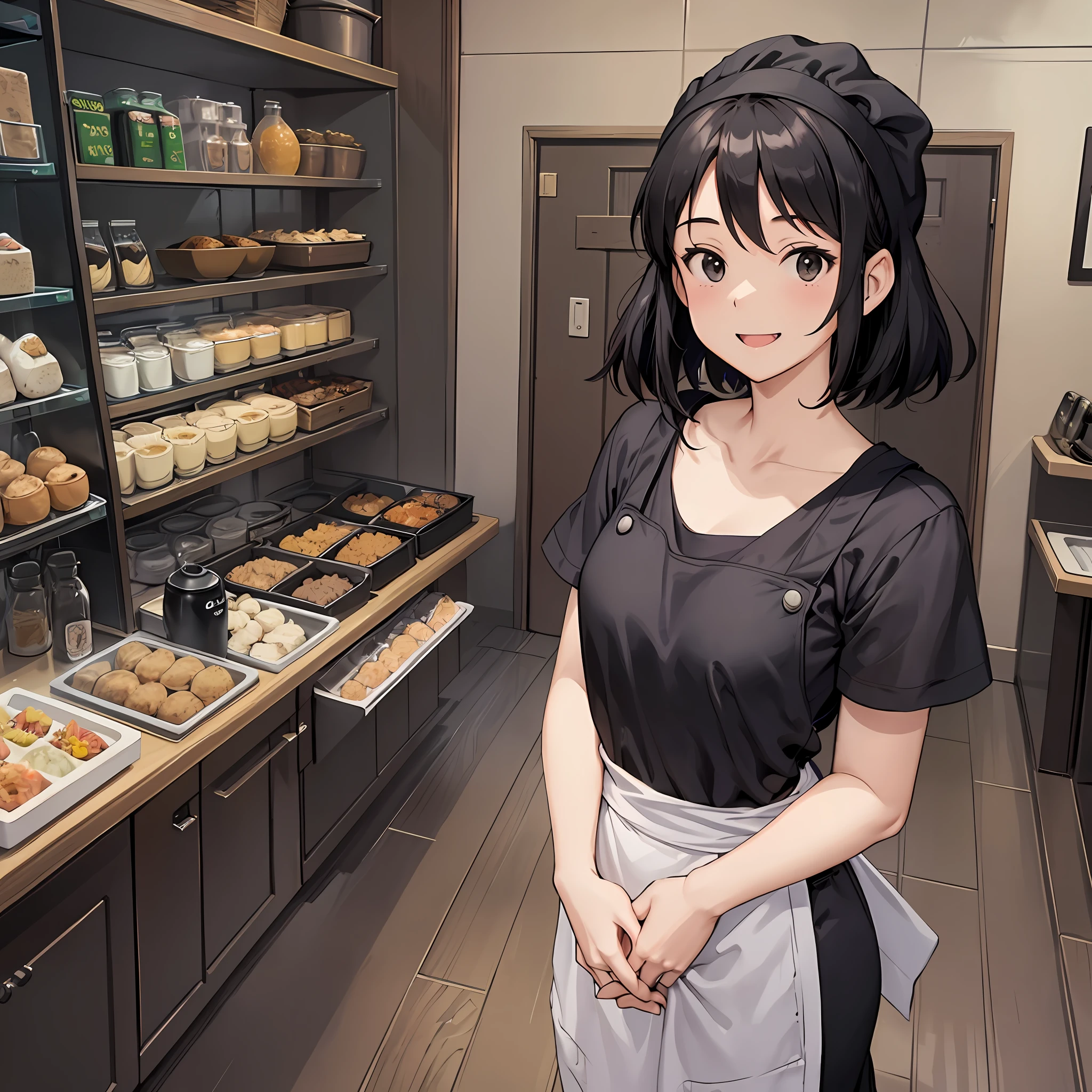 Studio Ghibli style illustration, full body, 8 life size, standing facing front, smiling, 18 year old female, small breasts, bare hands, no hands, black hair, white bandana on head, upper body Wearing a simple black T-shirt, wearing black slacks, wearing black sneakers, wearing a black salon apron, inside a restaurant