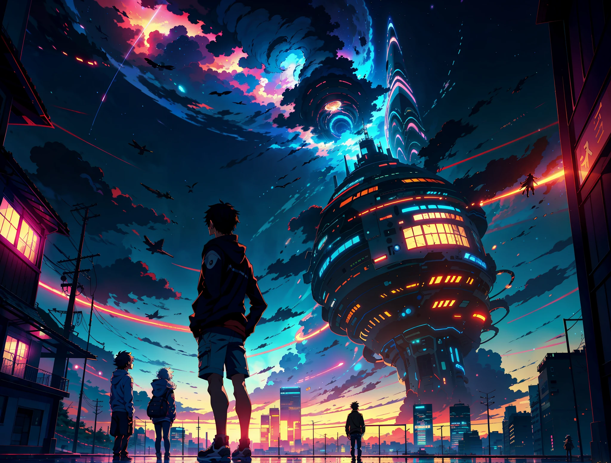 anime scene of a couple of people standing in front of a futuristic city, makoto shinkai cyril rolando, anime art wallpaper 4k, anime art wallpaper 4 k, anime art wallpaper 8 k, 4k anime wallpaper, anime wallpaper 4 k, anime wallpaper 4k, cosmic skies. by makoto shinkai, beautiful anime scene, anime style 4 k