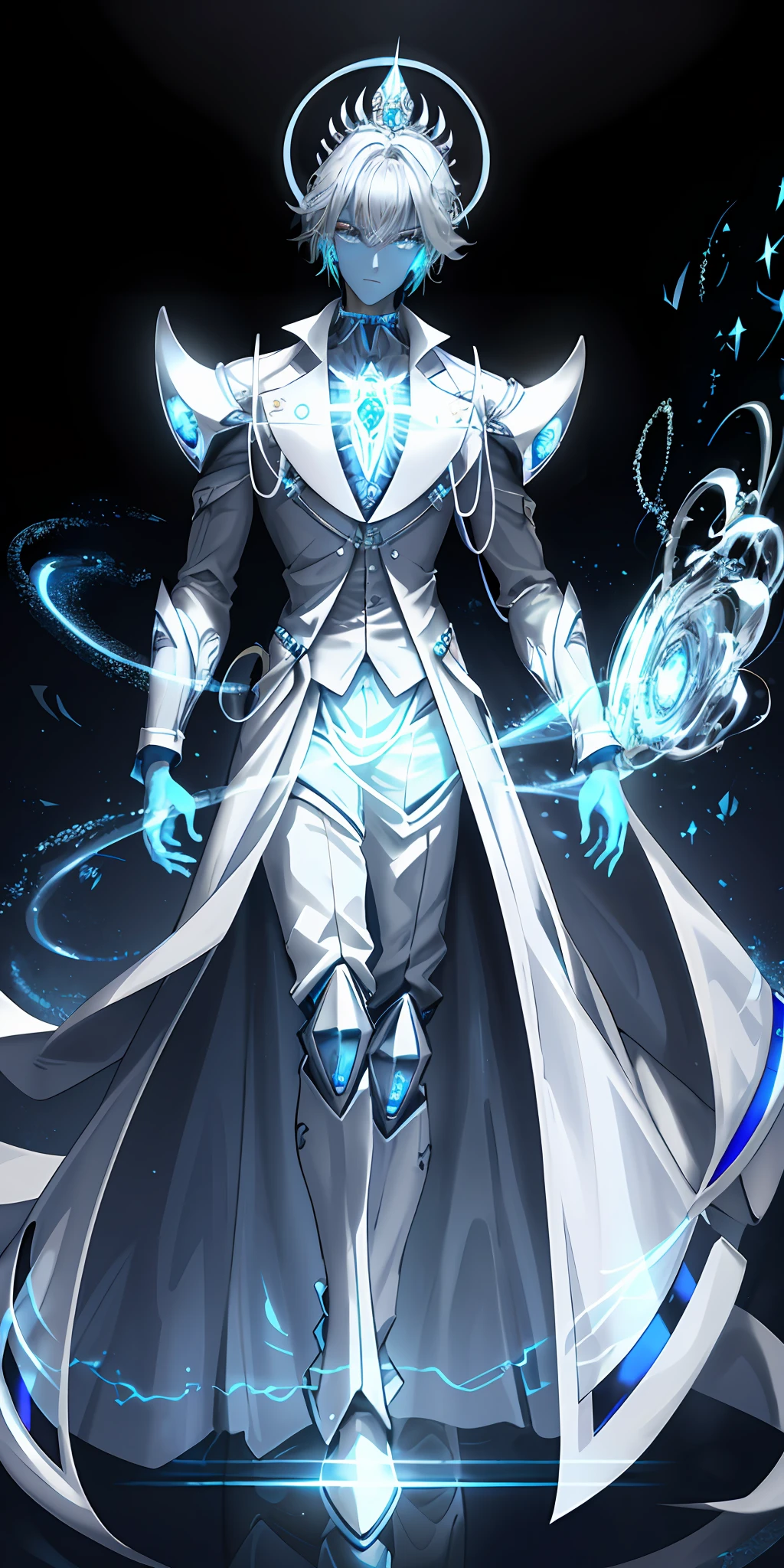 ((masterpiece)),((best/high quail)),((extreme details)),((high resolution)),8k,64k, ((male))), (((spiritual body)))), ((((a light blue glow comes from the body)))), (((lab_coat)), (((silver diadem)), black background with wind outline, in the left hand ((the brightest light comes from the left hand)), short haircut, ((bright blue skin)), ((transparent skin))), Quanon's silver ring, ((perfect face:1.2))