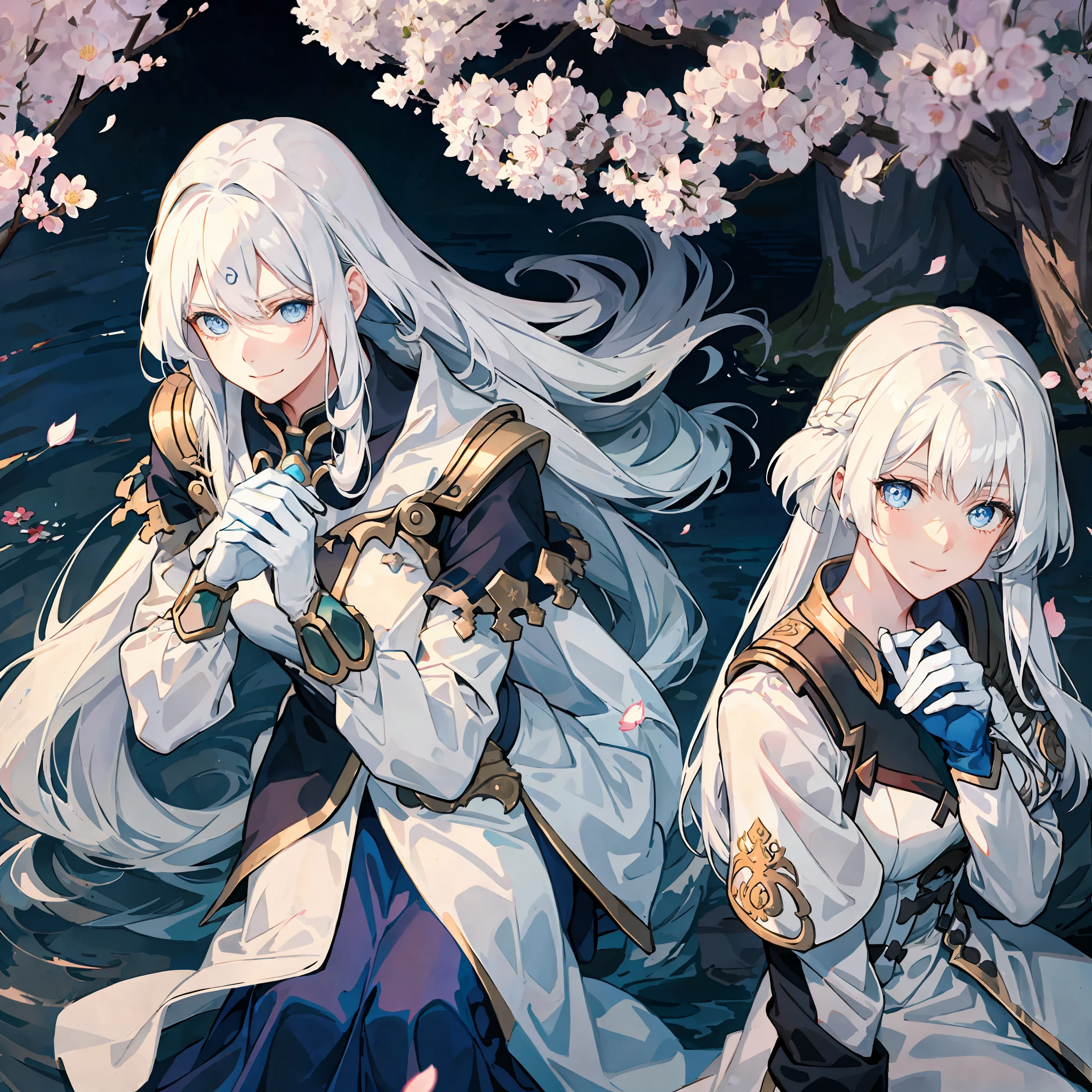 girl, long flowing white hair, blue eyes, harm smile, apologizing hands pose, in front of a blossom tree, looks sad, portrait.