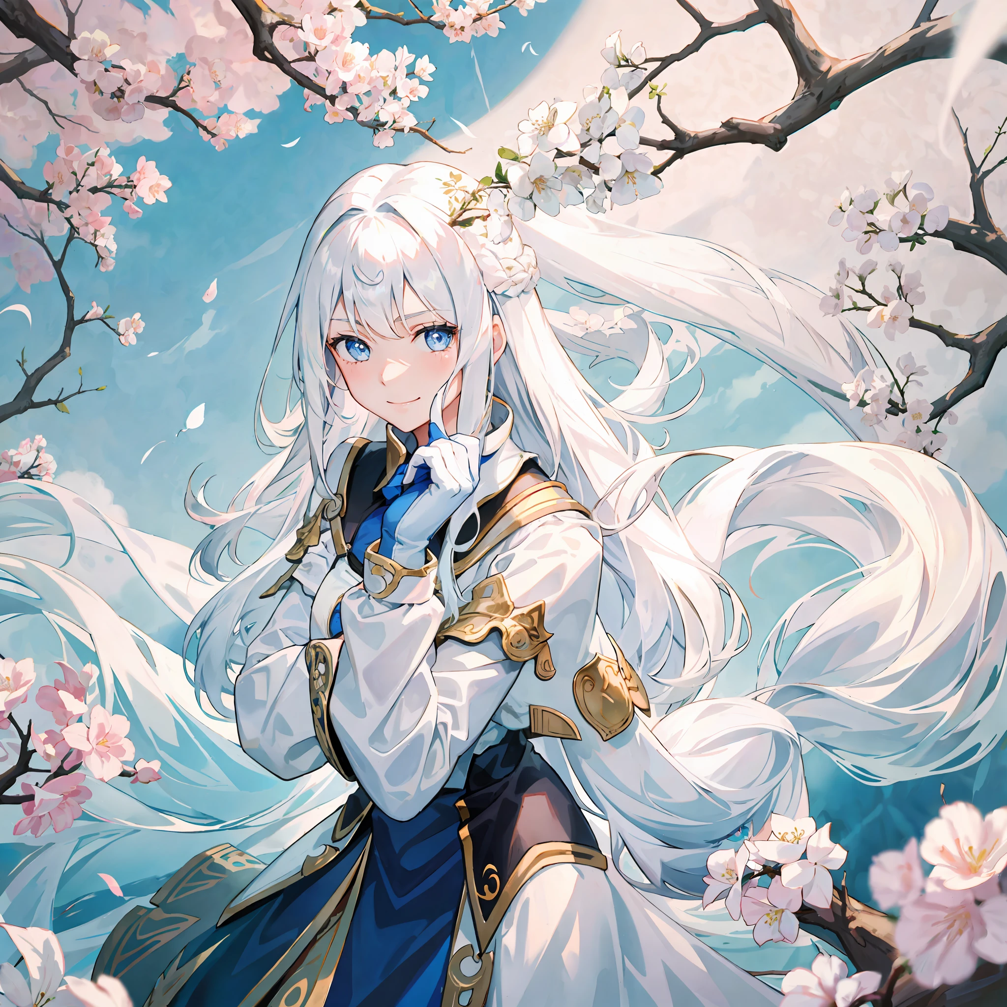 girl, long flowing white hair, blue eyes, harm smile, apologizing hands pose, in front of a blossom tree, looks sad, portrait.