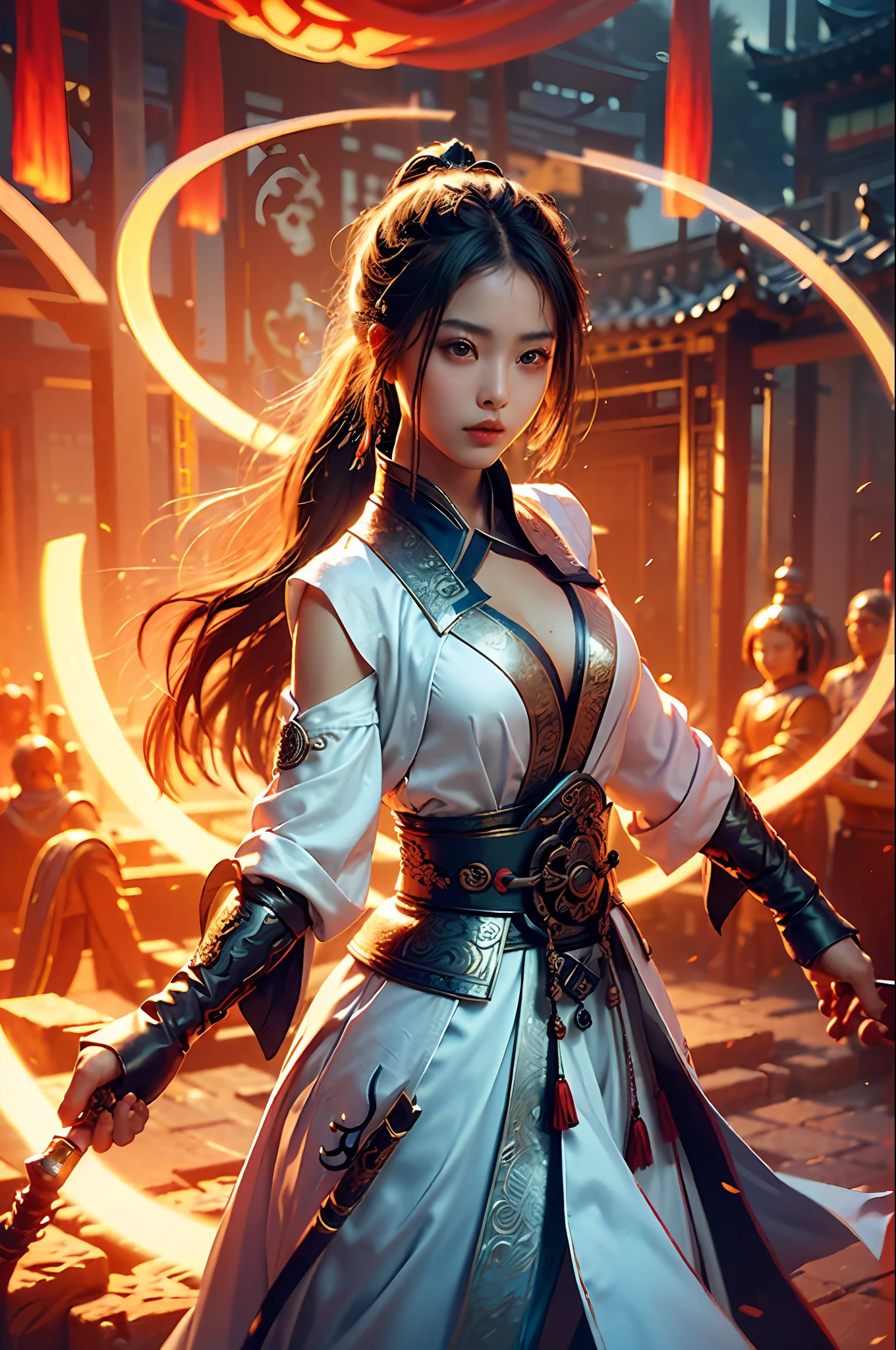 Best quality,masterpiece,ultra high res,(photorealistic:1.4),xiuxian,weapon,Detailed face,
1girl,solo,weapon,cleavage,(magic circle:1.2),xiuxian,upper body,Beautiful girl,full body,east asian architecture,sheath,architecture,
